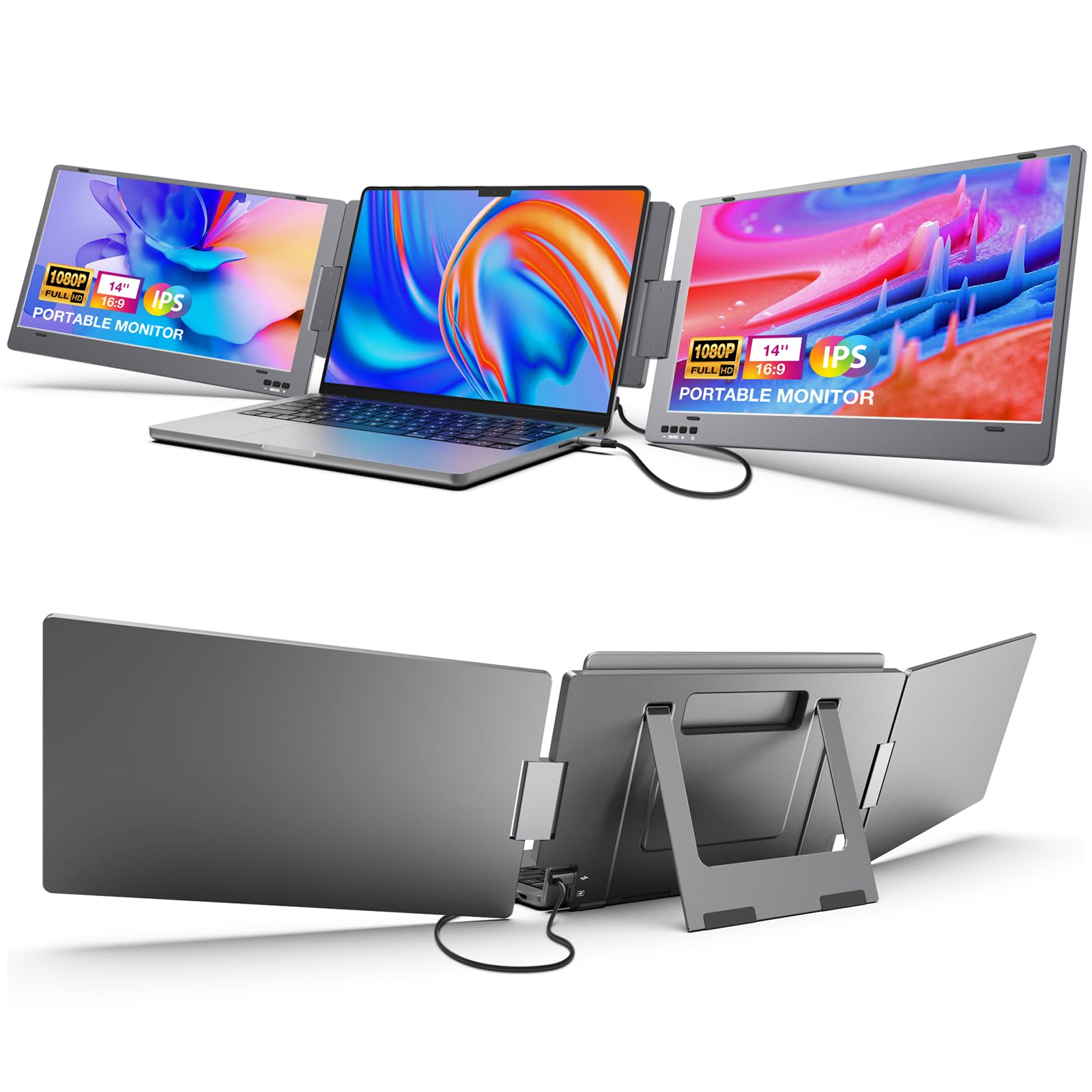 مانیتور قابل حمل KYY Laptop Screen Extender، 14 اینچ، FHD 1080P، USB-C، مانیتور IPS، مانیتور کامپیوتر، دو مانیتور برای سه صفحه نمایش، برای لپتاپ‌های 12 تا 16 اینچ (مک، ویندوز، اندروید) رنگ خاکستری