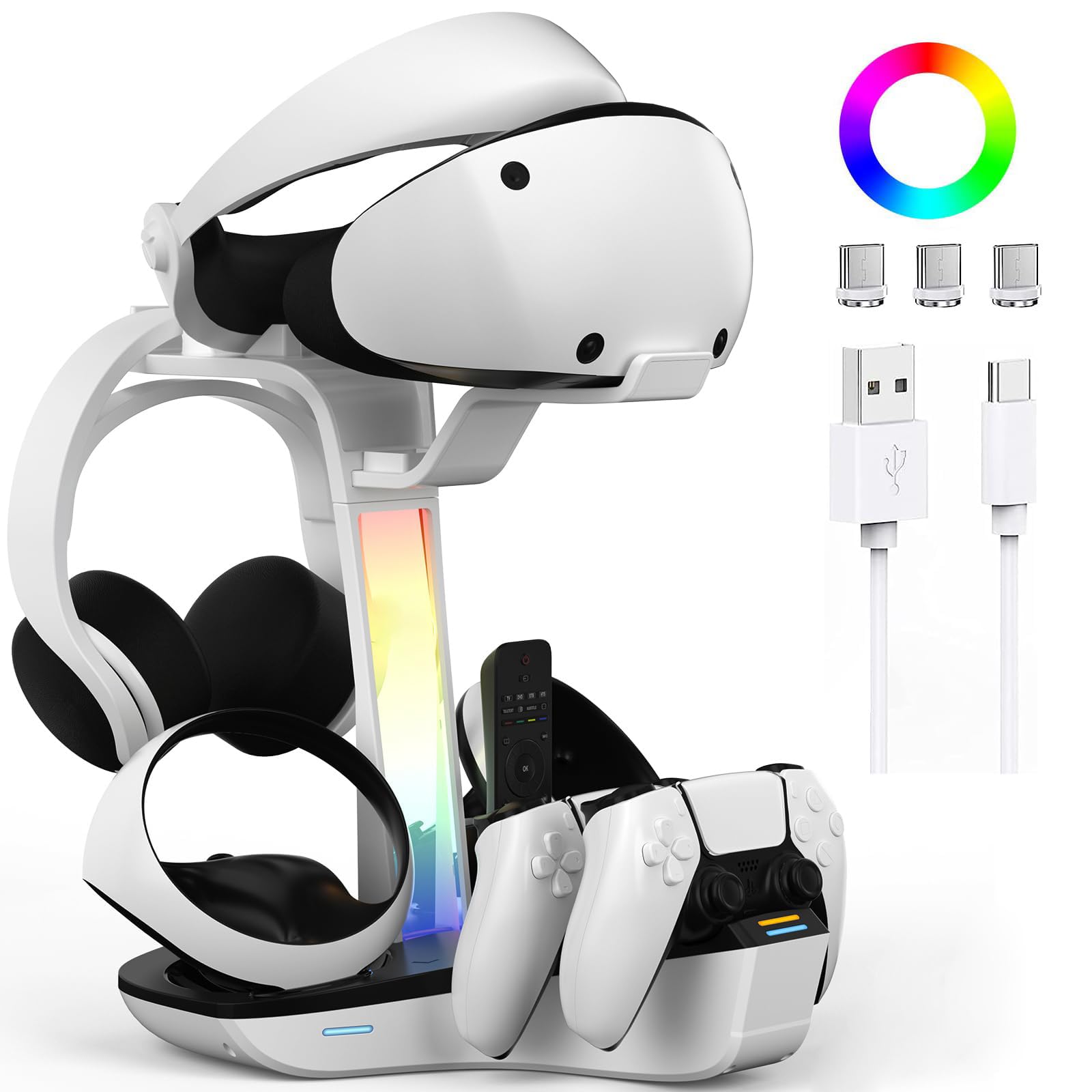 اسن پایه شارژ برای PS5 VR2، پایه شارژ PS VR2 برای پلی‌استیشن VR2 ایستگاه شارژ مغناطیسی برای کنترلرهای PS5 VR2، پایه شارژ سریع، نشانگر LED، نگهدارنده هدست و هدفون VR