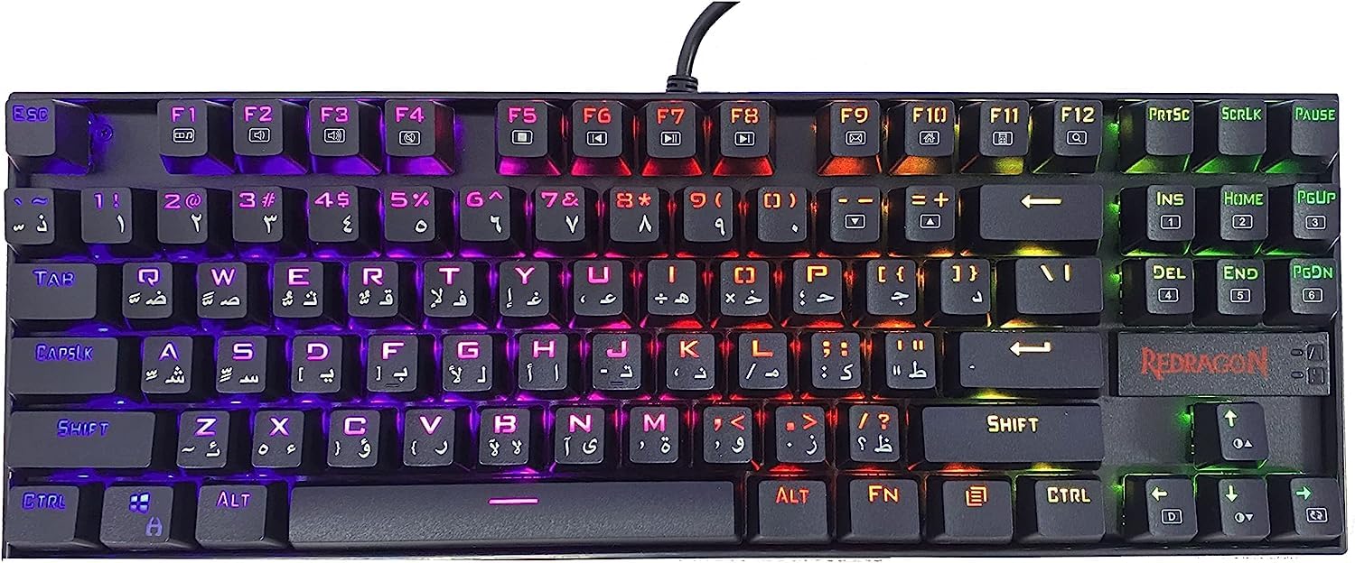 Redragon K552-RGB صفحه کلید بازی مکانیکی کوچک آر‌جی‌بی عربی و انگلیسی با نور پس‌زمینه سیمی و سوئیچ‌های ضد گرد و خاک برای کامپیوتر ویندوز (مشکی، ۸۷ کلید سوئیچ‌های آبی) (K552 RGB عربی، مشکی) کلاسیک‌اس‌.