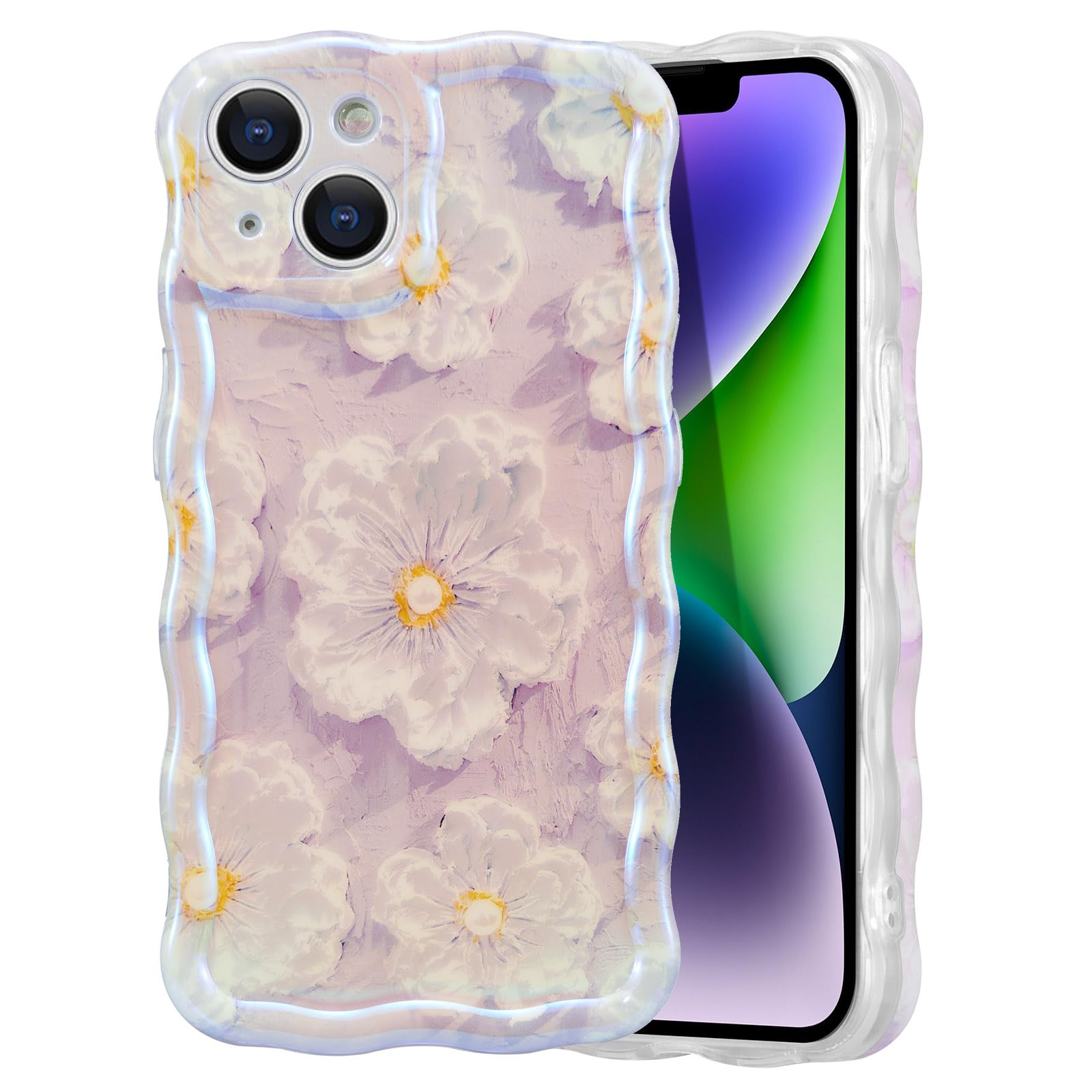 مورد EYZUTAK برای iPhone 14، نقاشی روغنی رتر، الگوی لیزری براق گل باریک ماچ و طوفانی زیبا کاور تلفن هوشمند مقاوم و شیک برای دختران و زنان - ارغوانی روشن iPhone 14 ارغوانی روشن