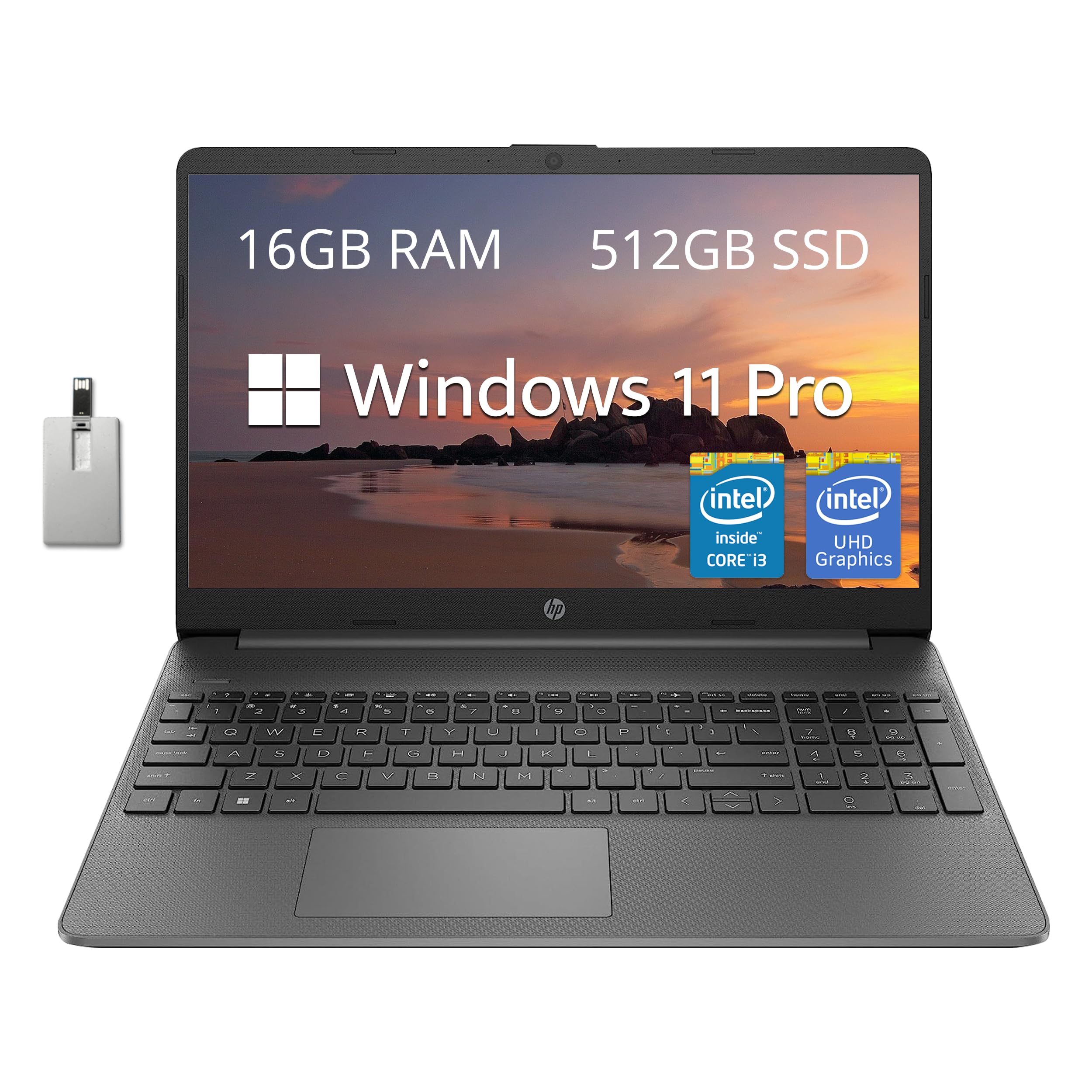 لپ تاپ HP 15.6 اینچ FHD، Intel Core i3-1215U، 16 گیگابایت RAM، 512 گیگابایت SSD، گرافیک Intel UHD، وب‌کم HD، کیبرد عددی، Wi-Fi 6، بلوتوث، خاکستری، Windows 11 Pro، کارت 32 گیگابایت USB