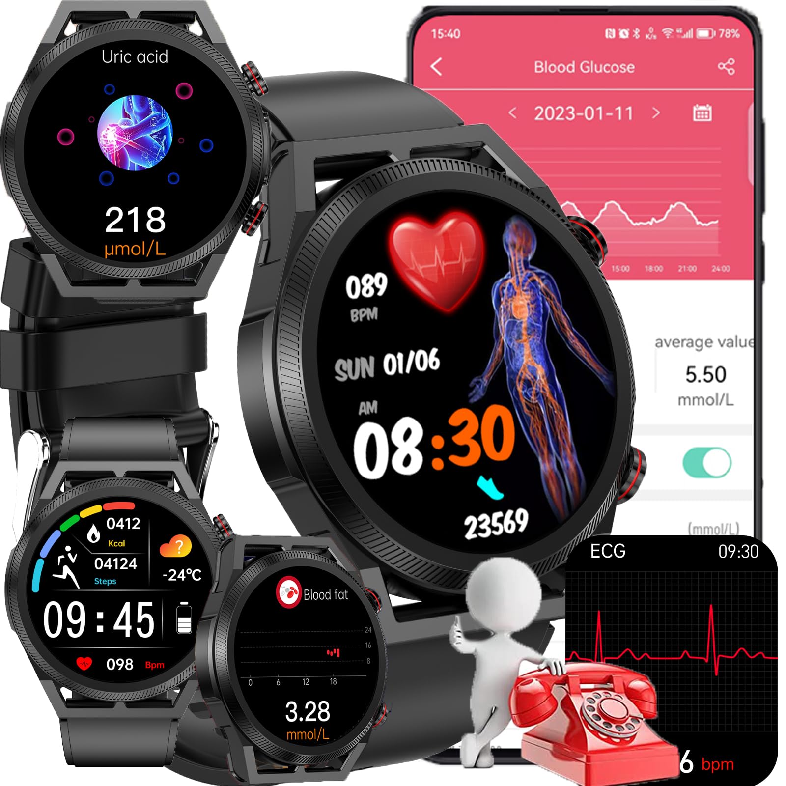 ساعت هوشمند گلوکز خون، ردیاب فیتنس ECG HRV با اندازه‌گیری ضربان قلب فشار خون اسید اوریک، مانیتورینگ لیپید خون، ۲۰ حالت ورزشی، پیام و تماس، برای آقایان و خانم‌ها، رنگ سیاه