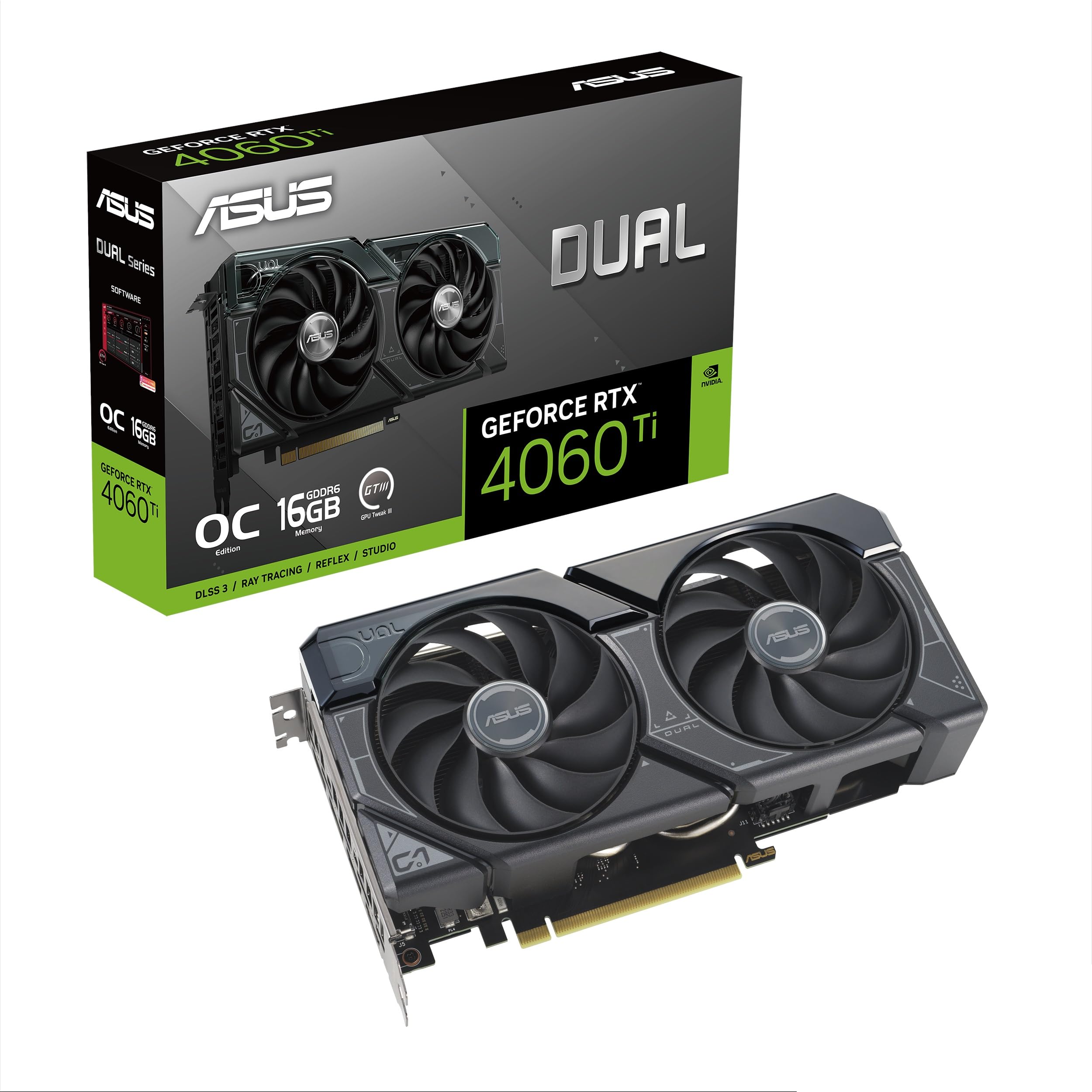 کارت گرافیک گیمینگ Asus Dual GeForce RTX 4060 Ti نسخه OC با 16 گیگابایت حافظه GDDR6، رابط حافظه 128 بیتی، فرکانس بوست 2595 مگاهرتز، سرعت حافظه 18 گیگابیت بر ثانیه، PCI Express 4.0، HDMI 2.1a، DisplayPort 1.4a — مشکی