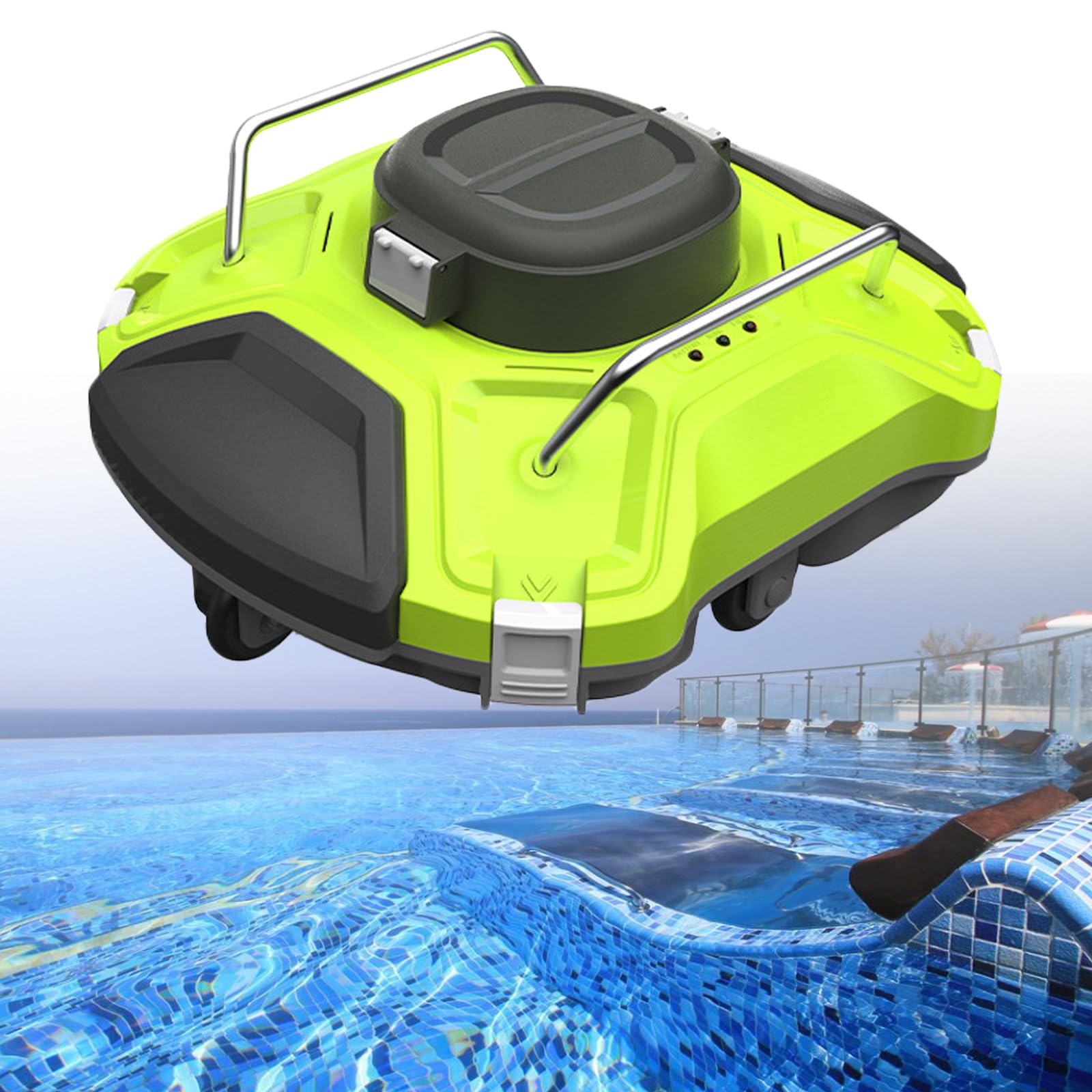 جاروبرقی بی‌سیم Ghoyvls Cordless برای استخر، دارای قدرت مکش 5000mAh و توانایی صعود به زاویه 25 درجه، با نقشه‌برداری هوشمند، جاروبرقی رباتیک استخر که تا 180 دقیقه کار می‌کند، مناسب برای استخرهای زیرزمینی است.