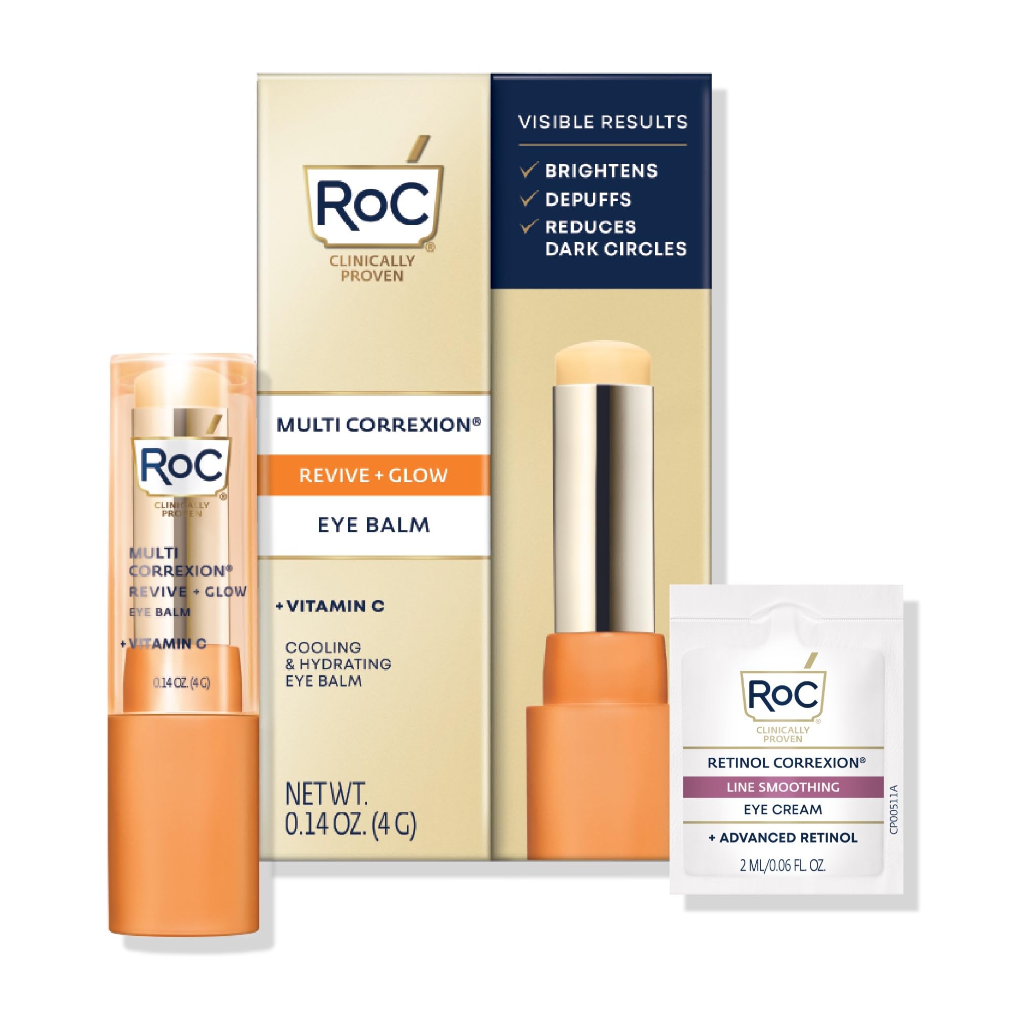 ژل چشم RoC Multi Correxion Revive + Glow حاوی ویتامین C (۰/۱۴ اونس) با بسته نمونه کرم چشم حاوی رتینول