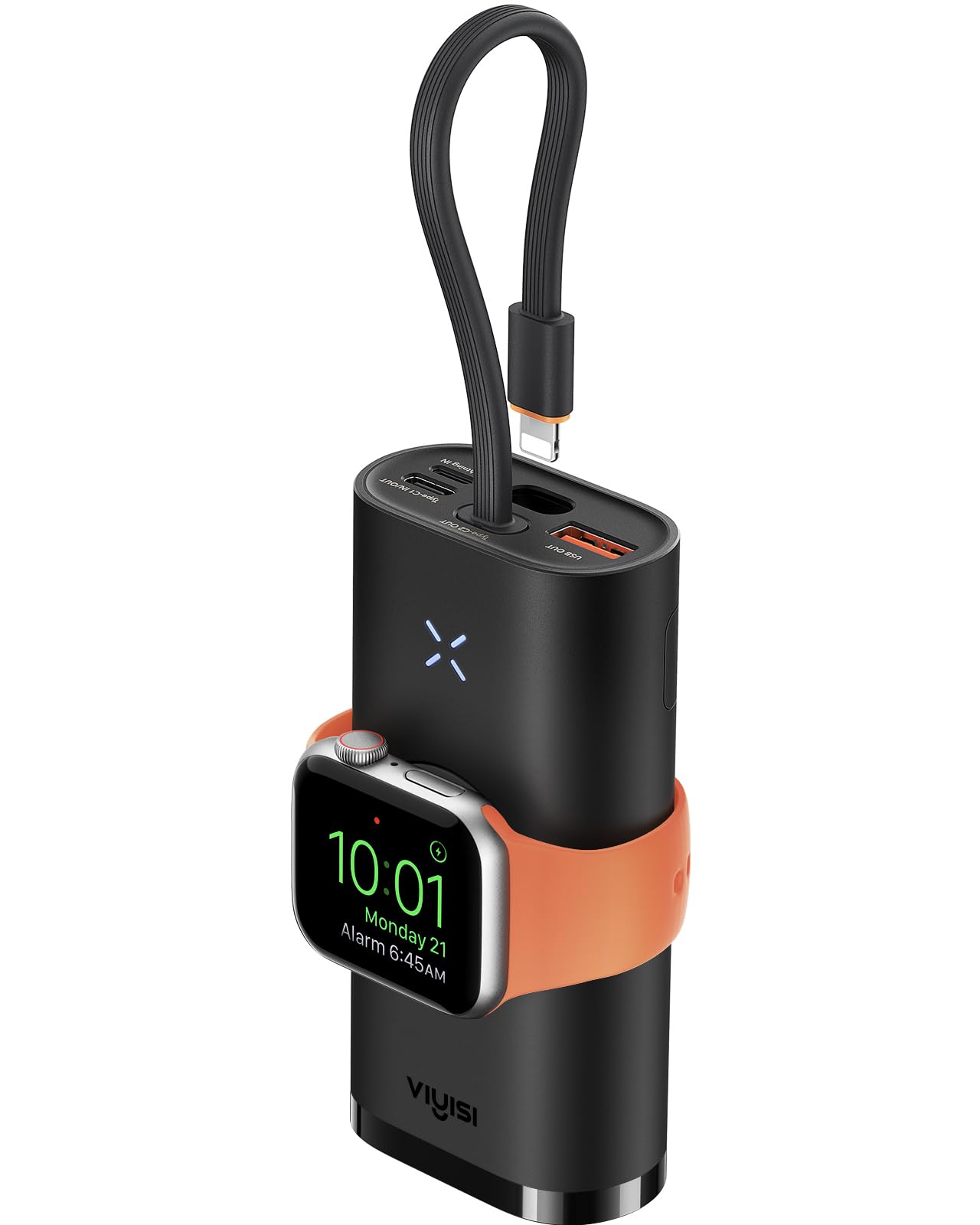 پاور بانک VIYISI با کابل، باتری شارژ سریع 10000mAh، شارژر قابل حمل 3 در 1 سازگار با آیفون 15 /Pro Max/Plus، سری Apple Watch، گوشی‌های اندروید سامسونگ و دستگاه‌های USB C - مشکی