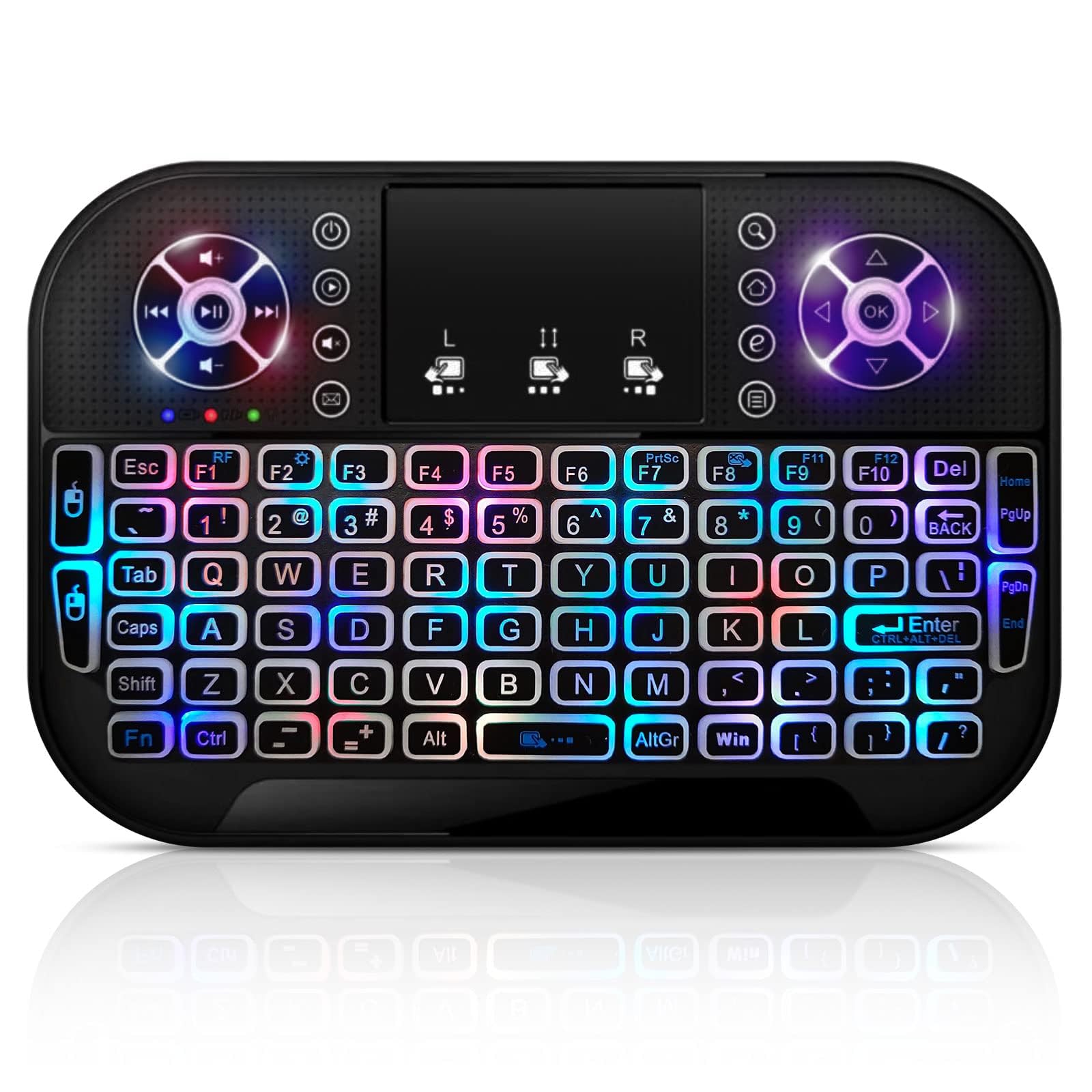 کیبورد بی‌سیم TERRIFI Mini با نور پس‌زمینه RGB با رنگ‌های ۷ رنگ و تاچ‌پد، اتصال بی‌دردسر، ایده‌آل برای تلویزیون هوشمند، کامپیوتر شخصی، لپتاپ و موارد دیگر است.