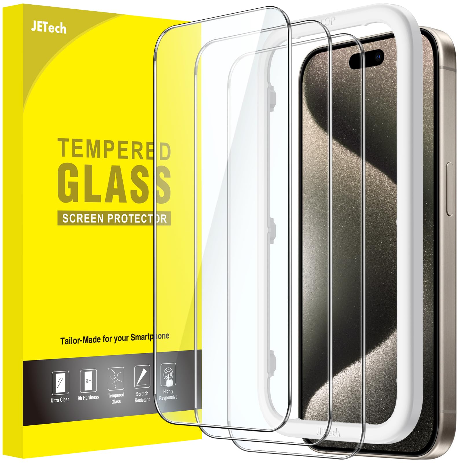 محافظ صفحه نمایش JETech برای آیفون ۱۵ پرو مکس 6.۷ اینچ، فیلم شیشه‌ای شفاف با ابزار نصب آسان، سازگار با کیس، کیفیت تصویر بالا، بسته ۳ عددی