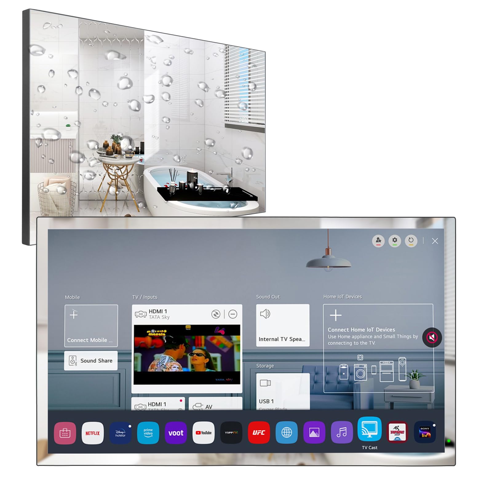 تلویزیون هوشمند 28 اینچی 4K UHD Soulaca برای حمام، تیونر دیجیتال/آنالوگ، پنل آینه، ریموت جادویی، ضدآب، نتفلیکس، بلندگوی داخلی، مدل 2023، 28 اینچ آینه (وب‌اواس)