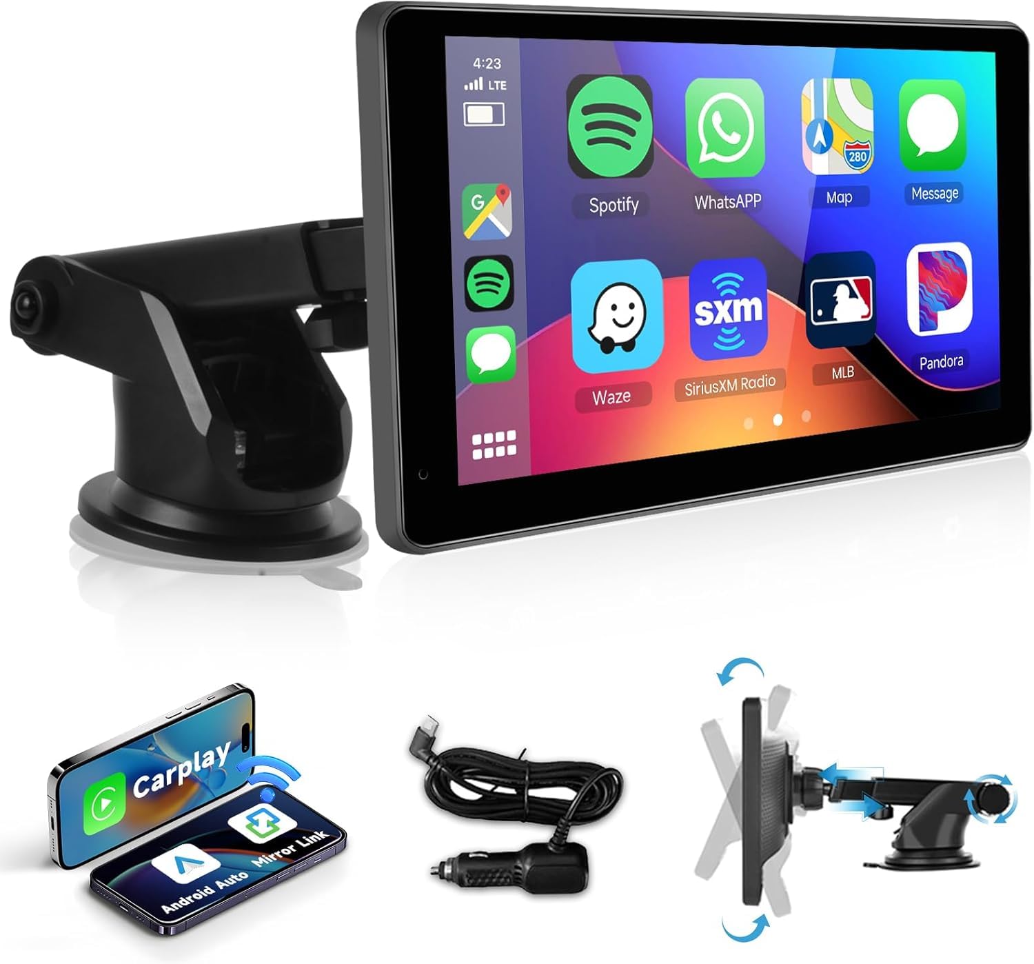 صفحه نمایش بی‌سیم Podofo برای خودرو، صفحه نمایش لمسی 7 اینچی 1080P HD IPS قابل حمل برای رادیو خودرو، گیرنده صوتی بی‌سیم اندروید اتو اسکرین دارای 2 مونتاژ/2 بلوتوث/میررلینک/جی‌پی‌اس/کنترل صوتی/ورودی AUX/ف‌ام پخش.