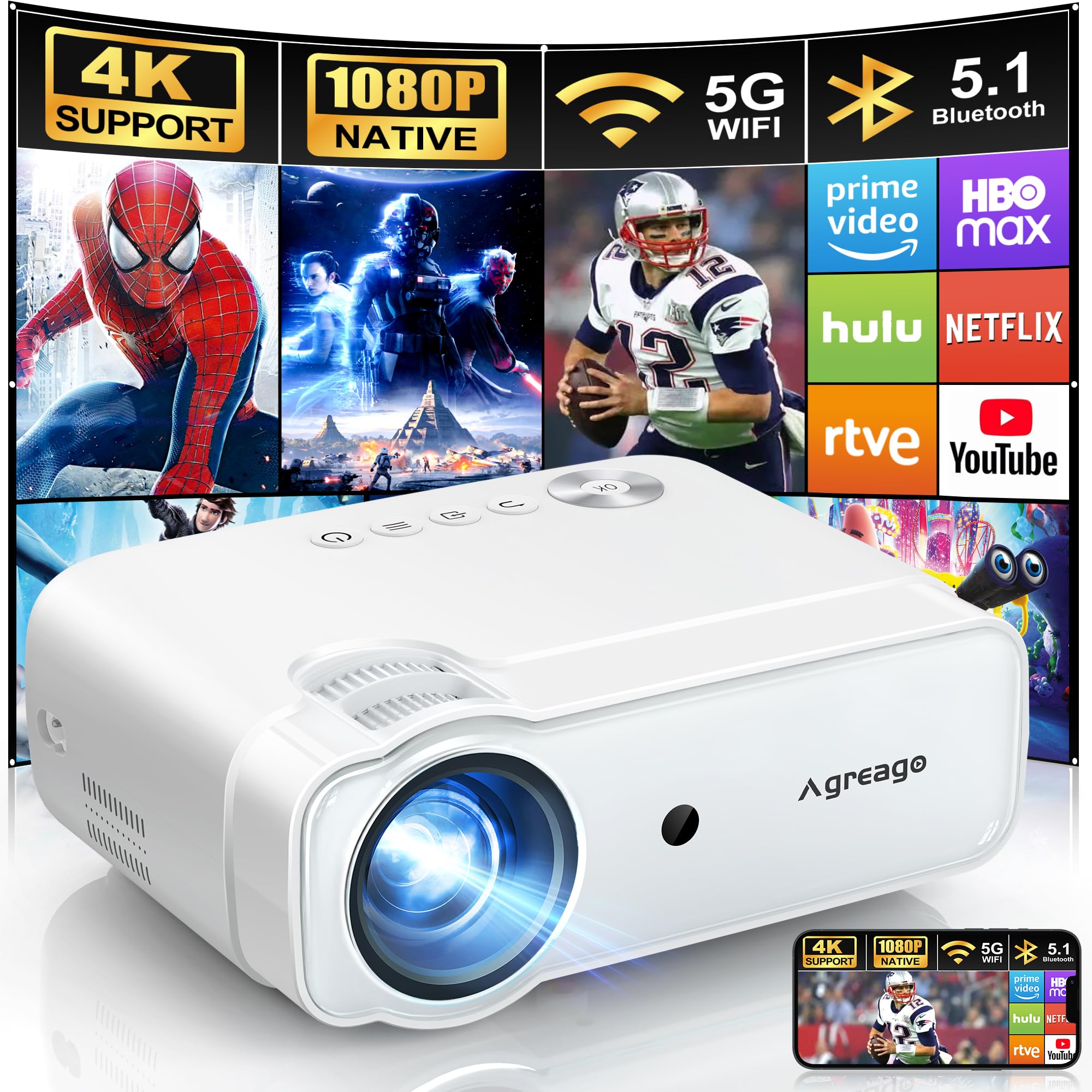 پروژکتور Agreago با وای فای و بلوتوث، وای فای 5G، 1080P نیتیو 14000L با پشتیبانی از 4K، پروژکتور قابل حمل خارجی با صفحه نمایش، پروژکتور خانگی سینمایی که سازگار است با TV Stick/iOS/Android/Win/HDMI/USB