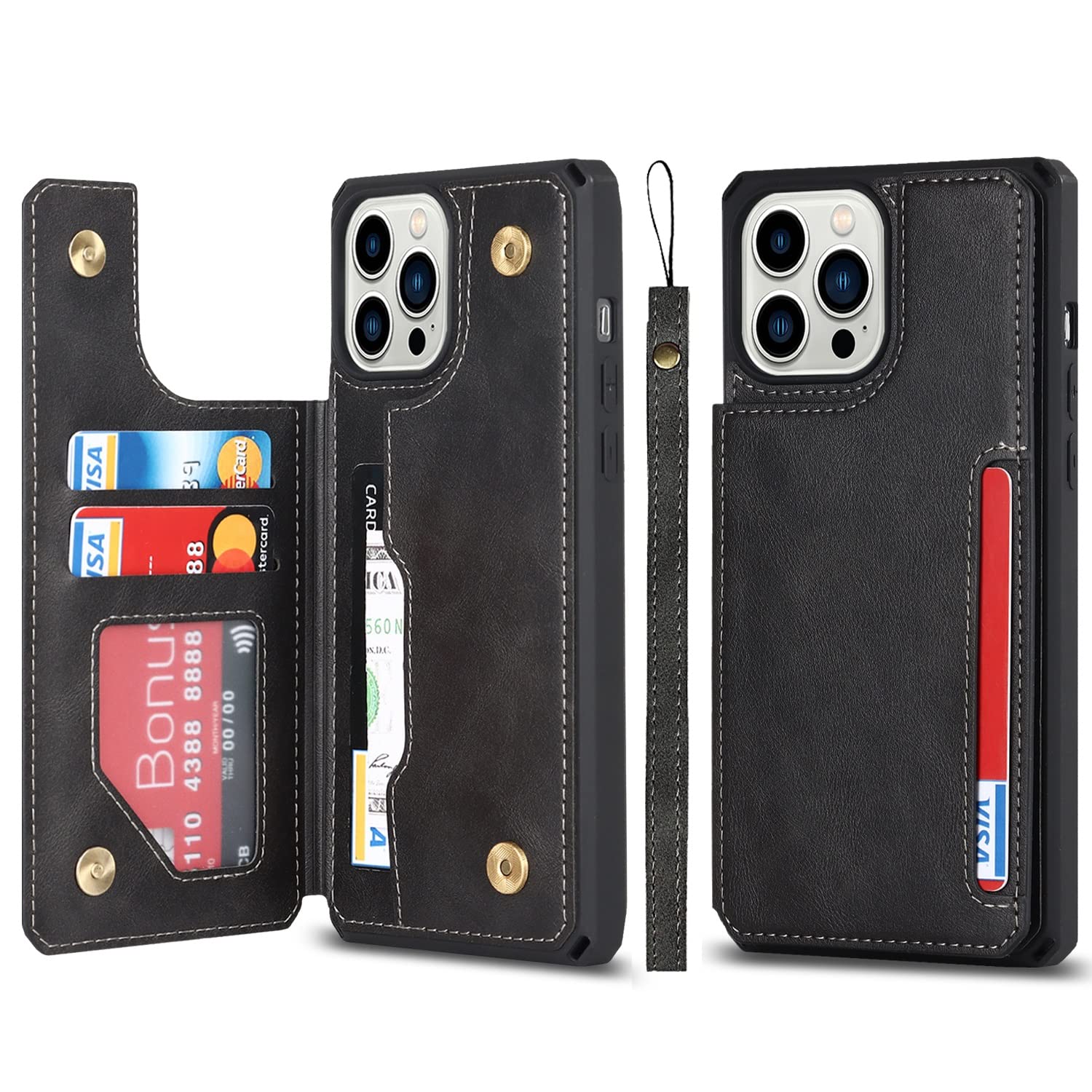 iCoverCase مورد کیف پول iPhone 12 Pro Max با دارنده کارت، پوست مصنوعی، پایه قابل تاشو مغناطیسی با کلیپس فلیپ ضدضربه با بند برای iPhone 12 Pro Max - مشکی iPhone 12 Pro Max iPhone 12 Pro Max --- مشکی
