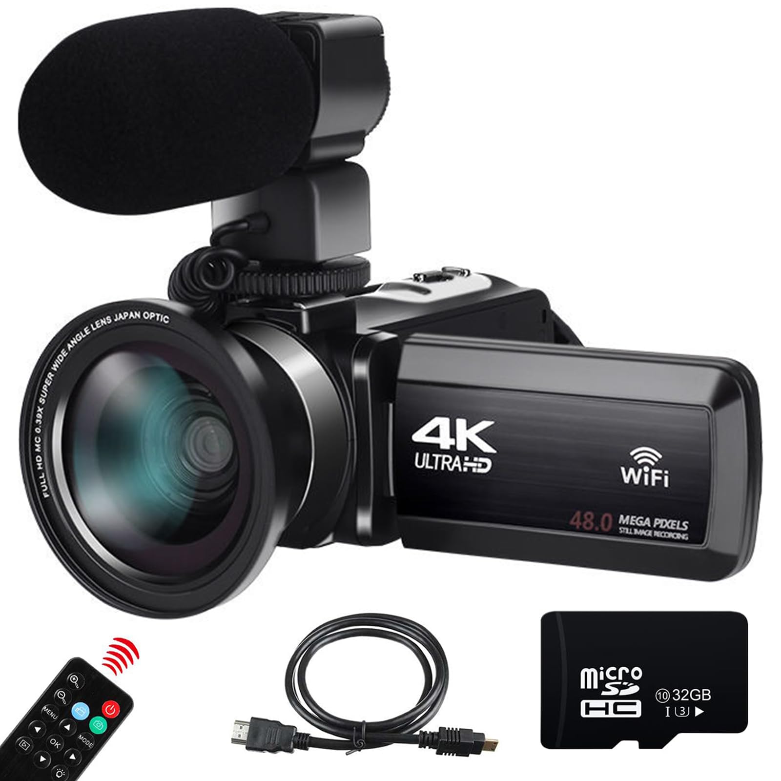 دوربین ویدیویی 4k با زوم دیجیتال 18X، دوربین ویلوگینگ 48MP برای یوتیوب، صفحه نمایش لمسی 270 درجه IPS 3.0 اینچ، دوربین ویدیویی با کارت حافظه 32G SD، میکروفون و لنز گسترده‌ای