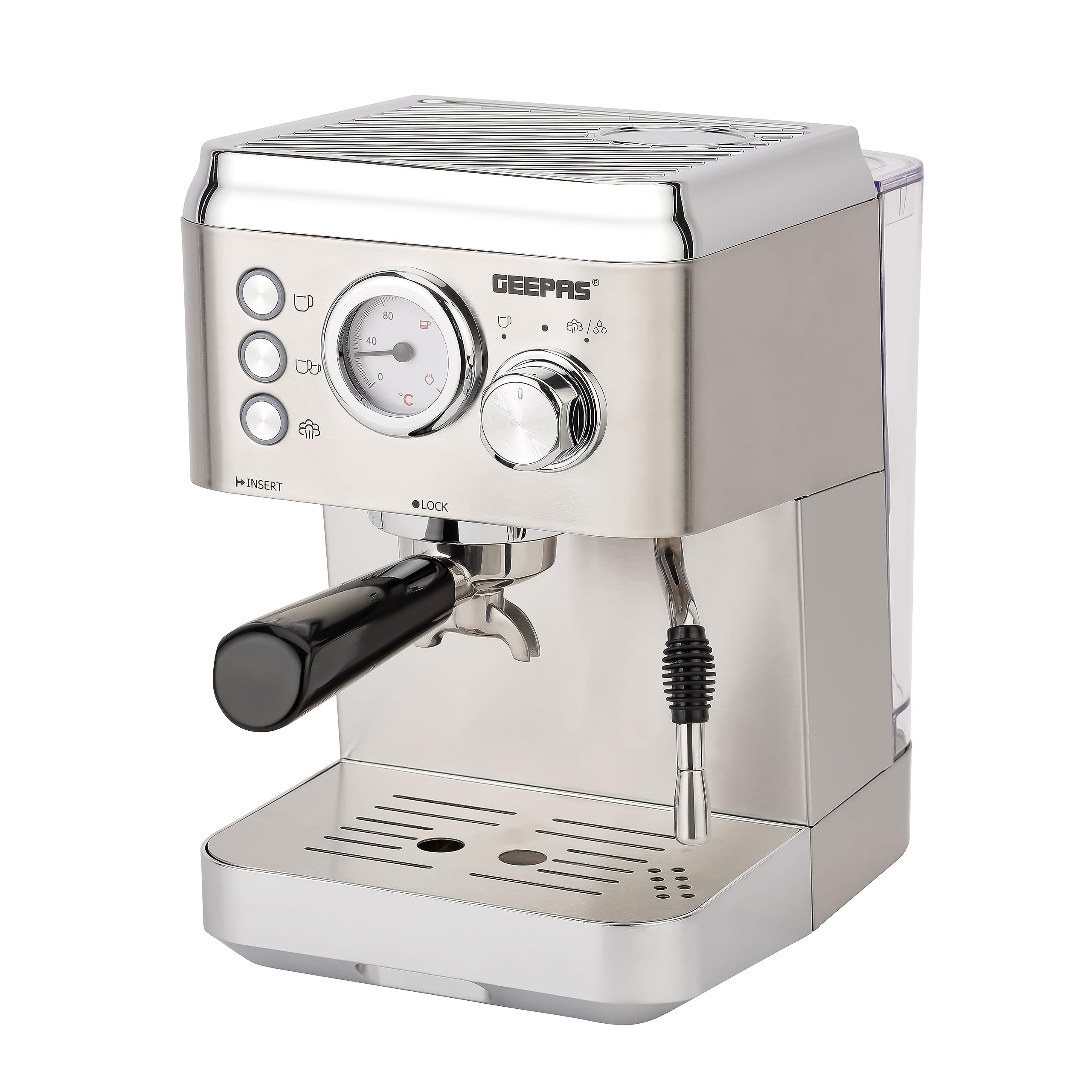 دستگاه قهوه‌ساز اسپرسو و کاپوچینو Geepas - GCM1523SS| بویلر آلومینیوم ریخته‌گری شده و با ظرف آب قابل جداشدن ۱.۸ لیتر| قابلیت تهیه کاپوچینو، لاته و اسپرسو