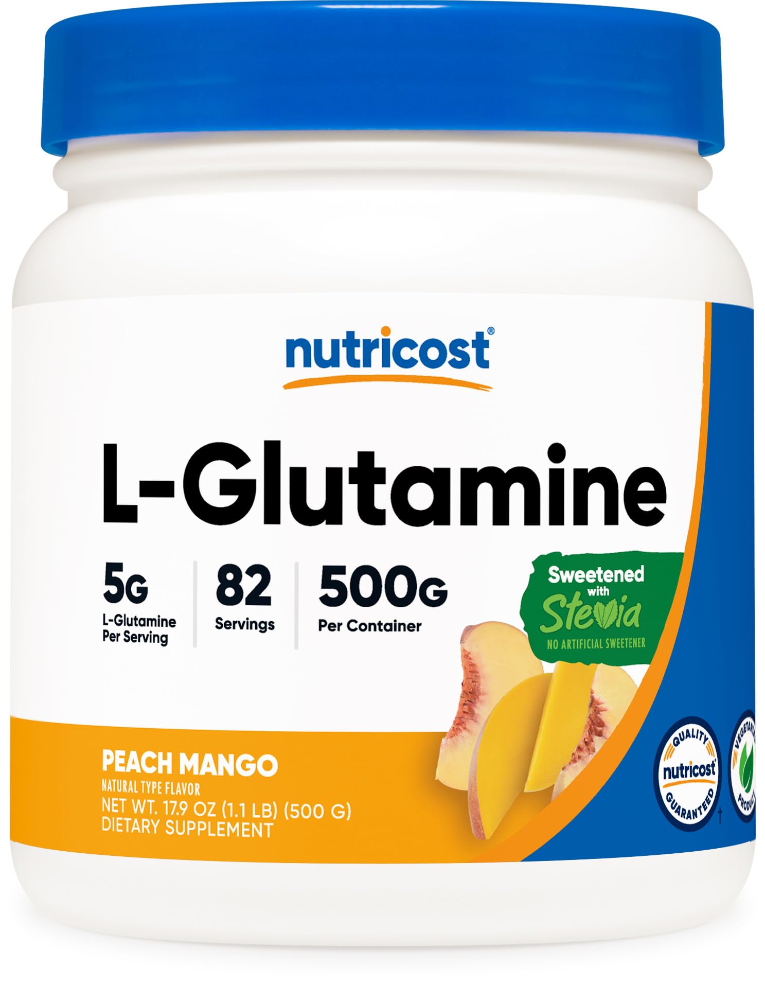 پودر Nutricost L-Glutamine با استویا شیرین (۵۰۰ گرم، آلوپیچ مانگو) - مکمل L-Glutamine برای پشتیبانی از روده، ۵ گرم L-Glutamine در هر پرسروینگ - بدون گلوتن، غیر-ژنتیکی
