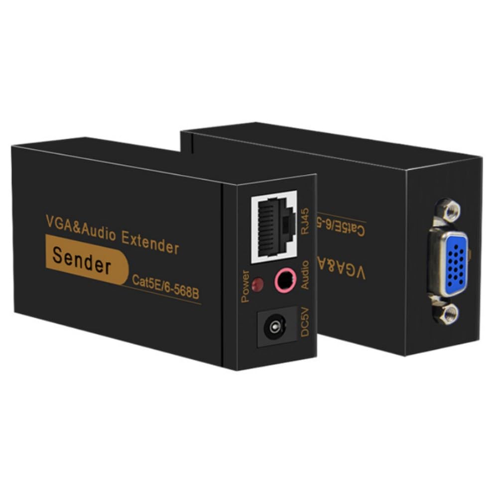 تبدیل‌کننده و تقویت‌کننده صدا و تصویر RJ45 تا VGA و 3.5 اهم اکستندر تا 100 متر با استفاده از یک کابل شبکه تک‌پیکربندی، اتصال لپتاپ و کامپیوتر از طریق یک کابل شبکه به تلویزیون و مانیتور VGA.