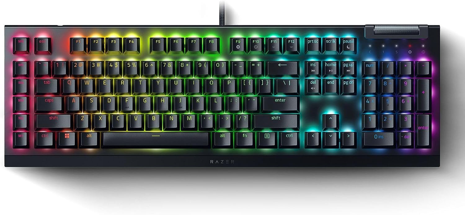 کیبرد مکانیکال بازی Razer BlackWidow V4 X، طرح عربی، سوییچ‌های سبز تاکتایل و کلیکی، 6 کلید ماکرو اختصاصی، رنگ‌های RGB Chroma، کی‌کپ‌های ABS دوبل‌شات - سیاه با کلیدهای سیاه سوئیچ‌های سبز V4 - X Blackwidow