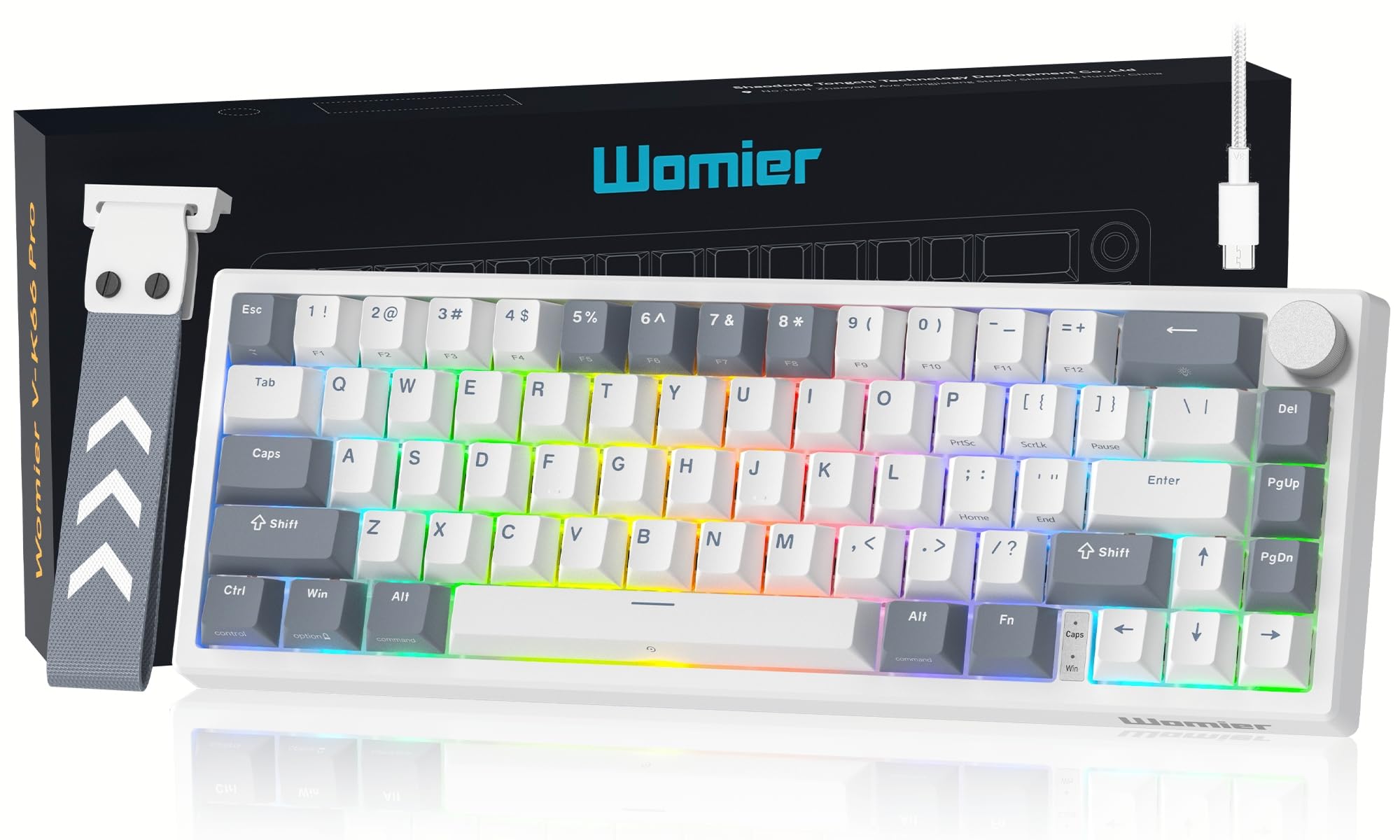 صفحه کلید وومیر XVX 60 درصد، صفحه کلید مکانیکی V-K66 Gaming Keyboard، با نصب گاسکت، صفحه کلید با نور LED سیمی و دارای کلیدهای پیکان - سفید و خاکستری
