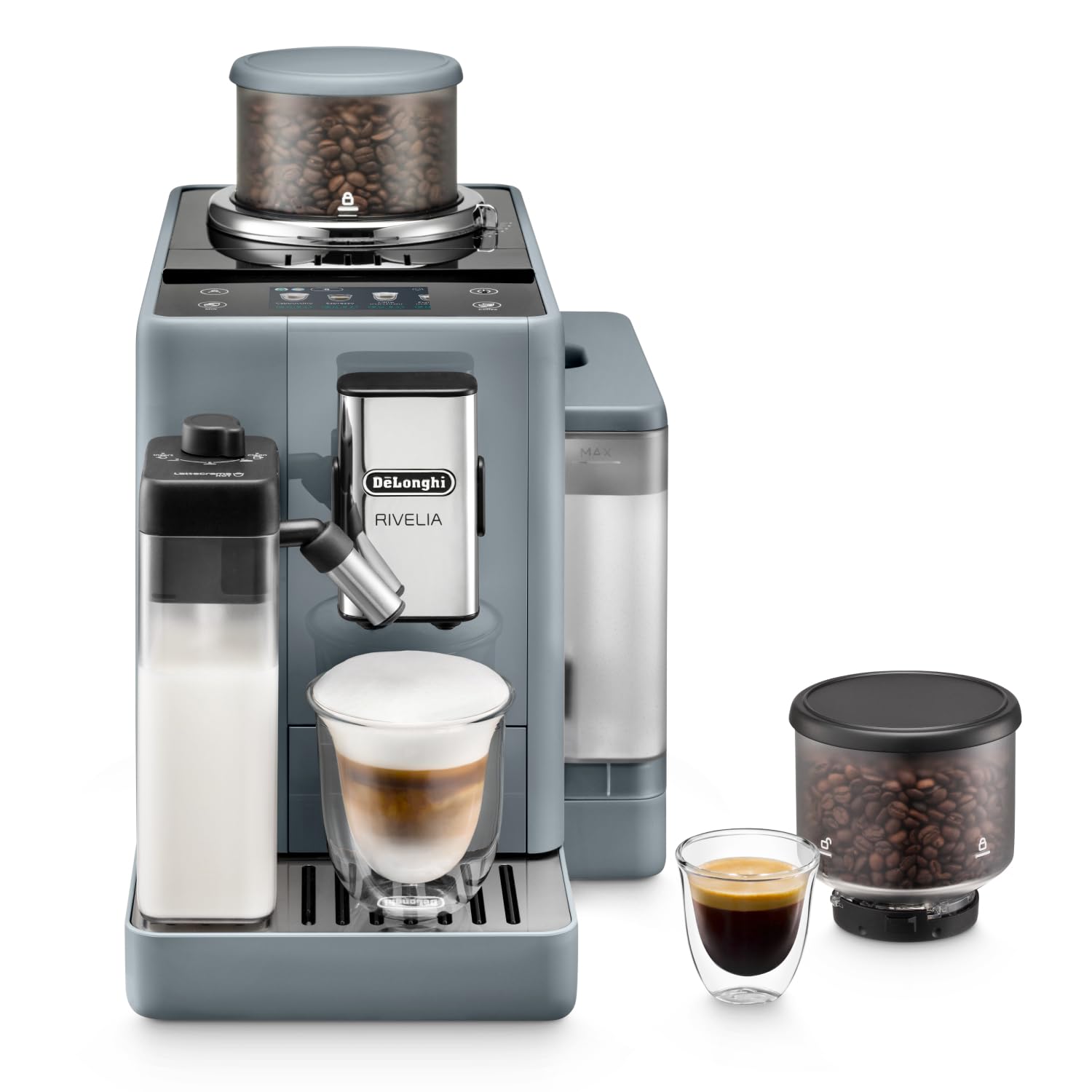 De'Longhi Rivelia EXAM440.55.B، دستگاه قهوه اتوماتیک کامل با لیته کرما گرم، پخت خودکار شیر، اندازه کوچک دستگاه قهوه اسپرسو، 16 دستور پخت، نمایشگر تاچ رنگی کامل، مشکی گرانیت خاکستری
