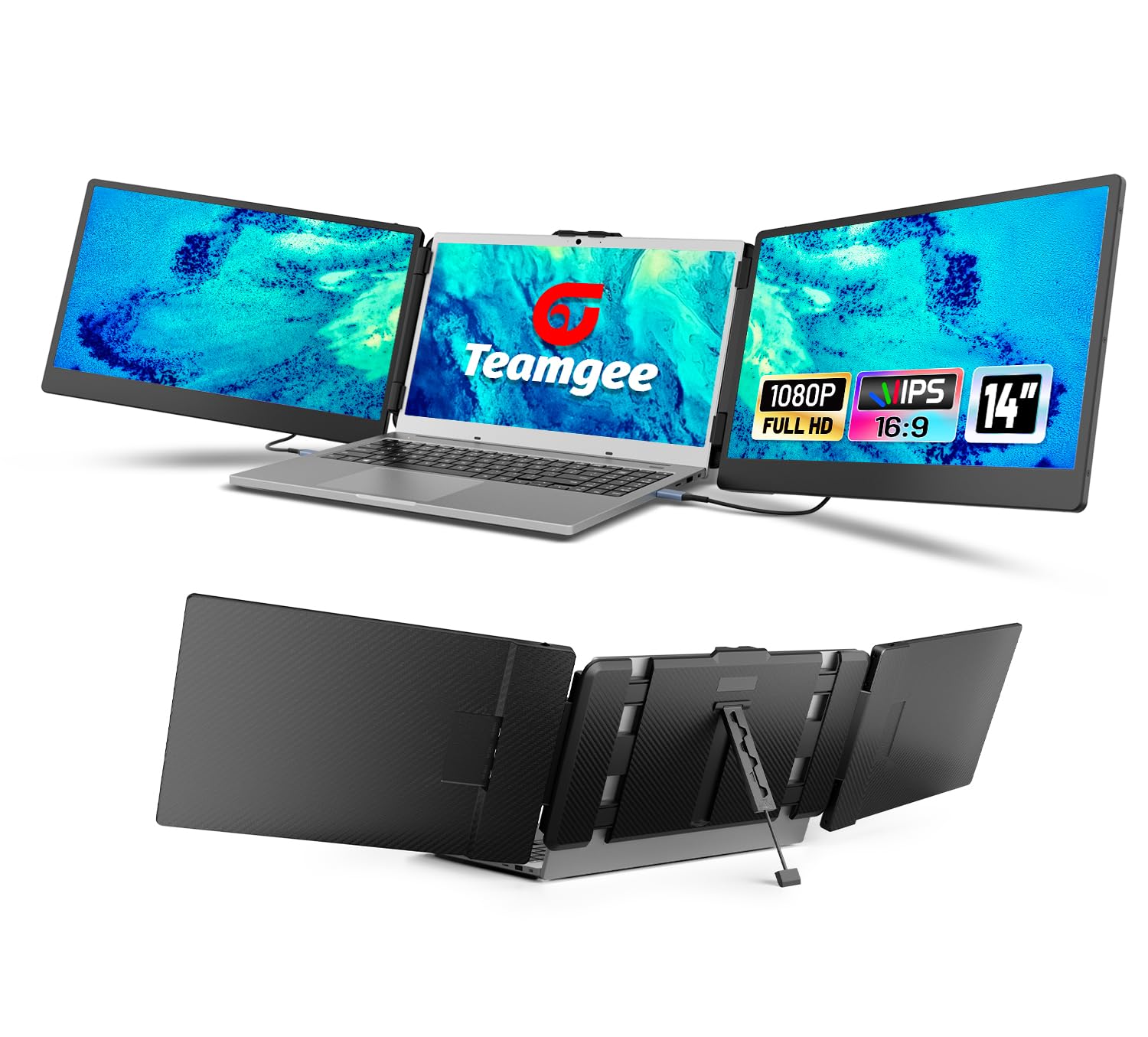 مانیتور قابل حمل Full HD 14 اینچی Teamgee Laptop Screen Extender برای لپ تاپ با اسپیکرهای دوگانه و استند قابل تنظیم، مانیتور اضافی لپ تاپ Plug-Play مناسب برای لپ تاپ های 13-17 اینچی با سیستم عامل ویندوز/مک/دکس/اندروید Triple-14