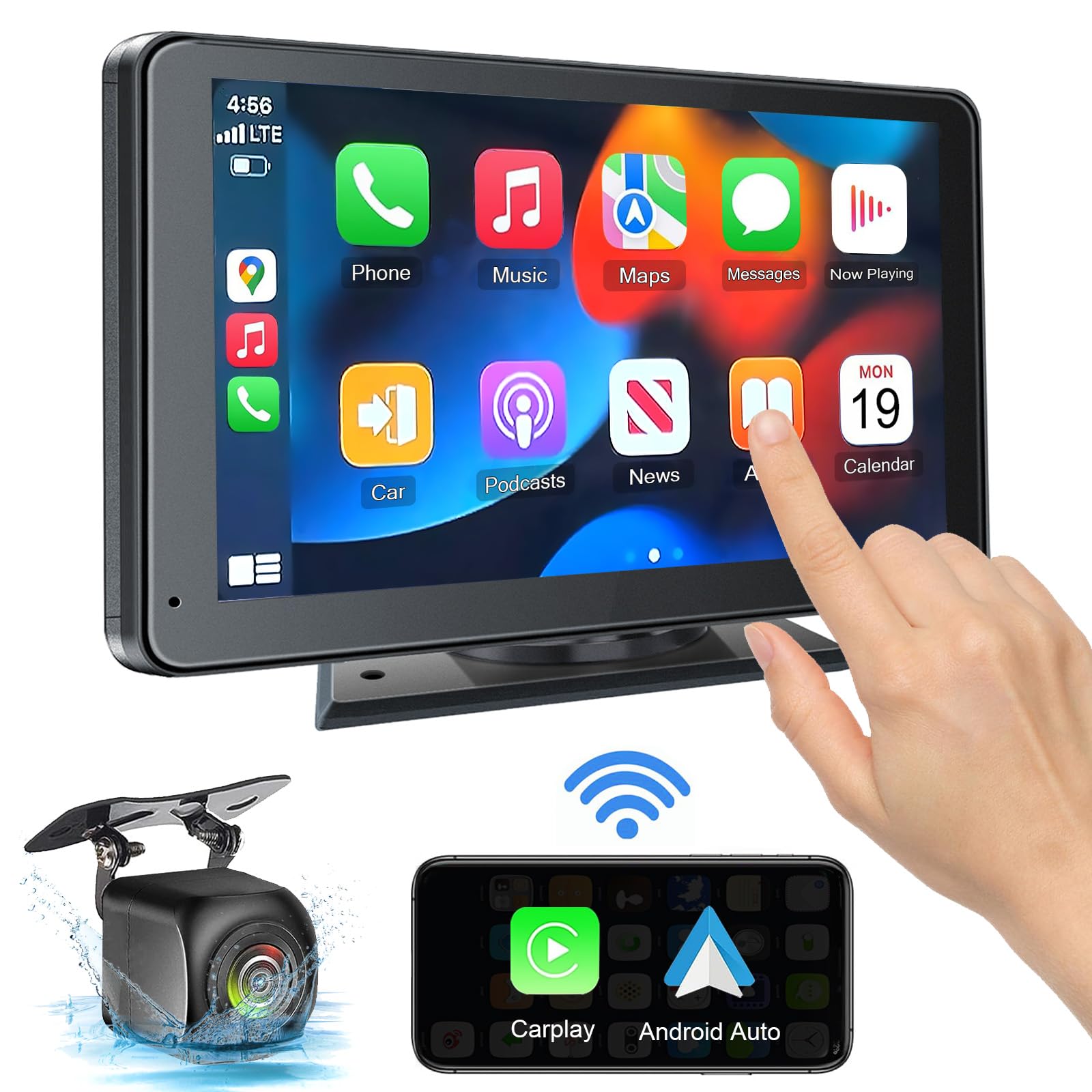 صفحه لمسی 7 اینچی با قابلیت اتصال بی‌سیم قابل حمل با Apple CarPlay و Android Auto برای خودرو، استریو خودرو با صفحه لمسی HD 7 اینچی با قابلیت Mirror Link، بلوتوث 5.2، دوربین پشت خودرو، AUX و فرستنده FM برای تمامی خودروها