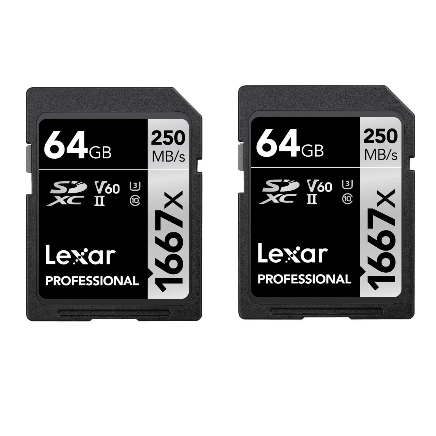 کارت حافظه SD لکسار Professional 1667x 64 گیگابایت بسته 2 عدد، کارت حافظه SDXC UHS-II، سرعت خواندن تا 250 مگابایت بر ثانیه، نوشتن 120 مگابایت بر ثانیه، کلاس 10، U3، V60، برای عکاس حرفه‌ای، فیلم‌بردار، علاقمند (LSD1667064G-B2NAA) 1667x 2 بسته 64 گیگابایت