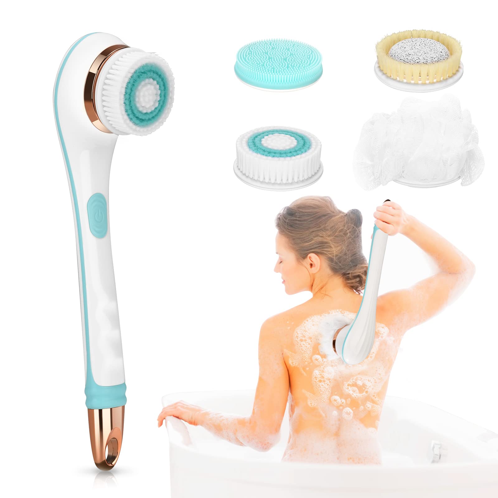 سری Body Brush الکتریکی، مجهز به شارژ USB، دارای 4 سر برس، دسته بلند قابل جدا شدن، اسکرابر پشت بدن اکسفولیتور بدن 2 سرعت تمیزکننده عمیق، برس پوست صورت چرخشی ضدآب برای تمیزی و ماساژ