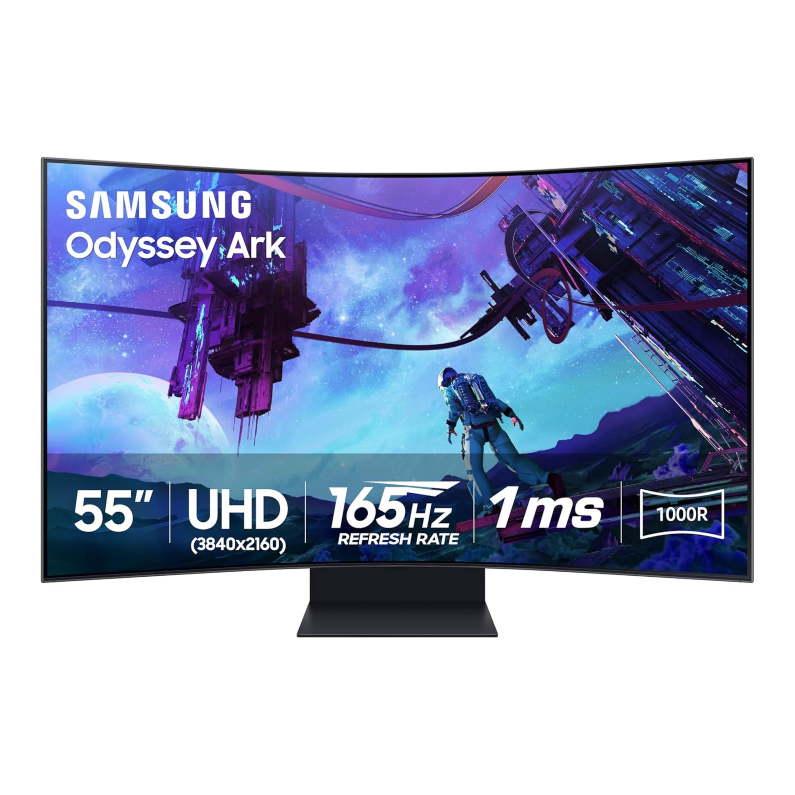 ترجمه: صفحه‌نمایش بازی منحنی SAMSUNG 55 اینچ Odyssey Ark ژن دوم 4K UHD 1000R، فرکانس تازه 165Hz، زمان پاسخگویی 1 میلی‌ثانیه، 4 ورودی چندنمایش، فناوری کوانتوم Mini-LED، AMD FreeSync Premium Pro، HDR 10+، صفحه نمایش قابل تنظیم ارتفاع، مدل LS55CG970NNXGO، سال تولید 2023