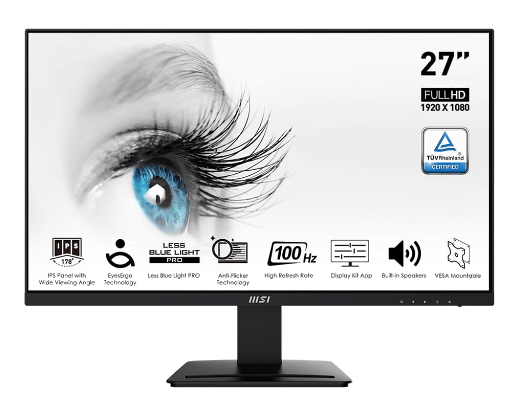 MSI Pro MP273A, 27", 1920 x 1080 (رزولوشن Full HD), IPS, 100Hz, گواهی TUV برای محافظت از دید (Certified Eyesight Protection), 4ms, Displayport, HDMI, تمایل, سیاه