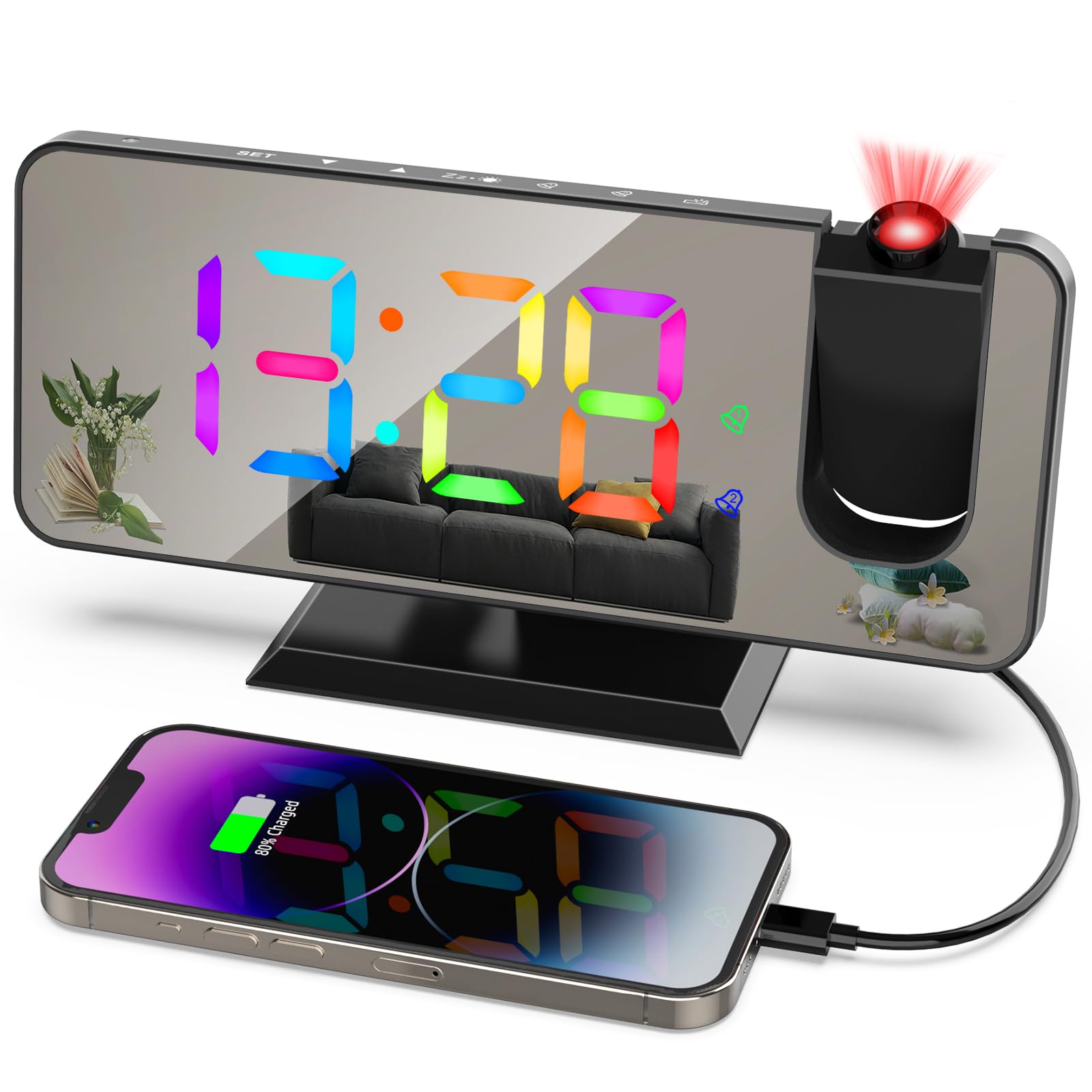 پروژکتور ساعت هشدار ThreeH با نمایشگر آینه LED تغییر رنگ با 11 رنگ RGB، ساعت دیجیتال با پورت شارژر USB، عملکرد سنوز و 6 سطح روشنایی قابل تنظیم، رنگ مشکی