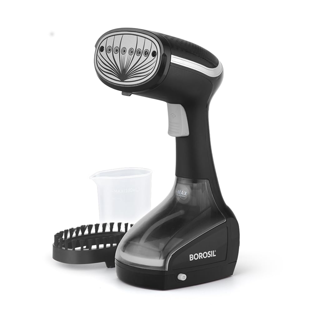 بخارگیر پارچه دستی Borosil GS01، استفاده افقی و عمودی، 1000 وات توان سریع، نازل بخار سرامیک، مخزن آب 200 میلی لیتر، برس جداشونده پارچه، برس مخصوص پاک کردن الت، برای انواع پارچه مانند ابریشم، نایلون، ریون، پشم و پنبه