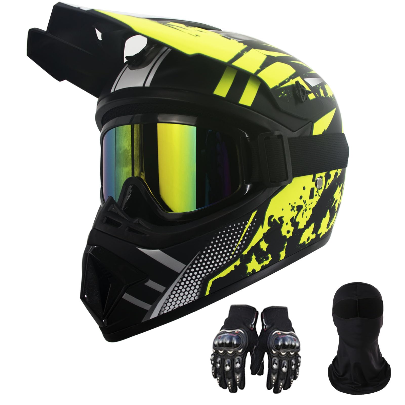کلاه موتور سواری Dirt Bike Full Face مناسب برای ورزش های خارجی، مسابقات جاده زمینی کوهستان، مردان و زنان Off-Road Helmet Gloves، عینک موتور سواری برای بزرگسالان و جوانان DOT/FMVSS 218 تایید شده است.
