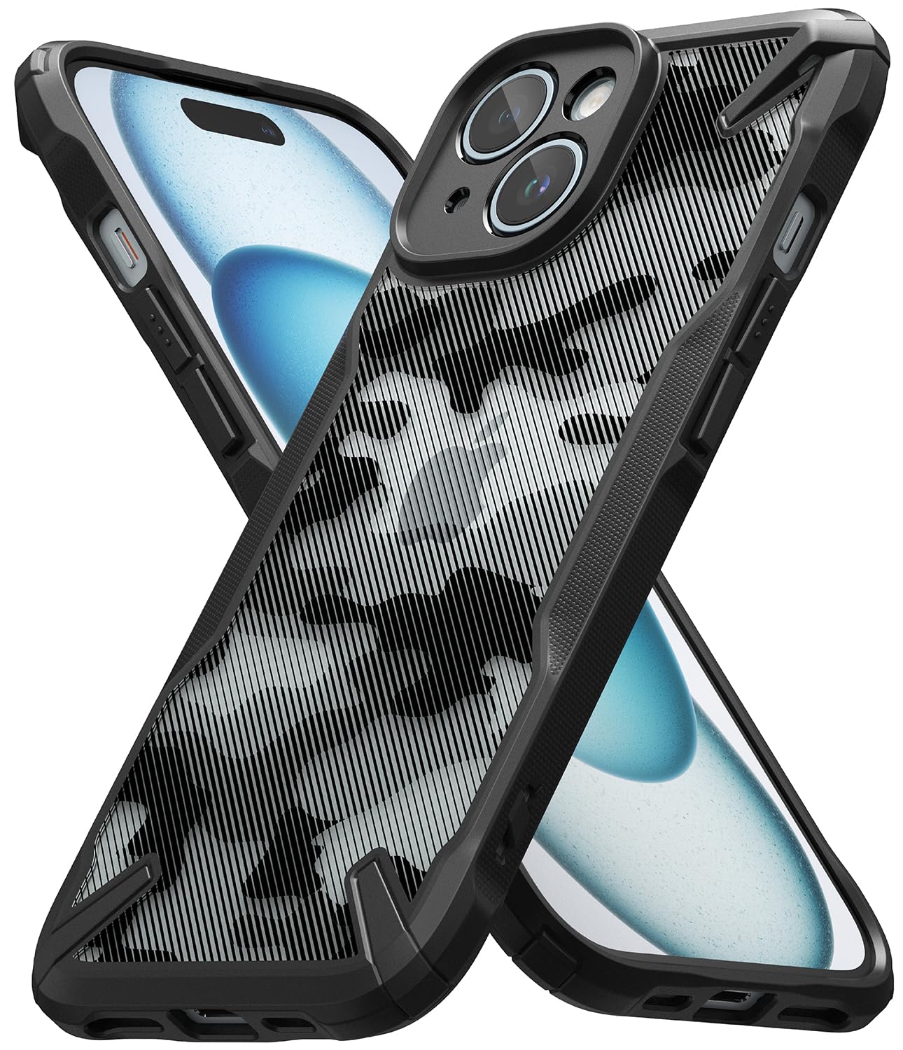 کاور Ringke Fusion-X سازگار با آیفون ۱۵ پلاس نسخه Military Camo با پشت سخت و مقاوم، بخش تی پی یو انعطاف پذیر نرم، مقاوم در برابر خط و خش و دارای محافظت ضد ضربه برای پشتیبانی از آیفون ۱۵ پلاس - Camo سیاه