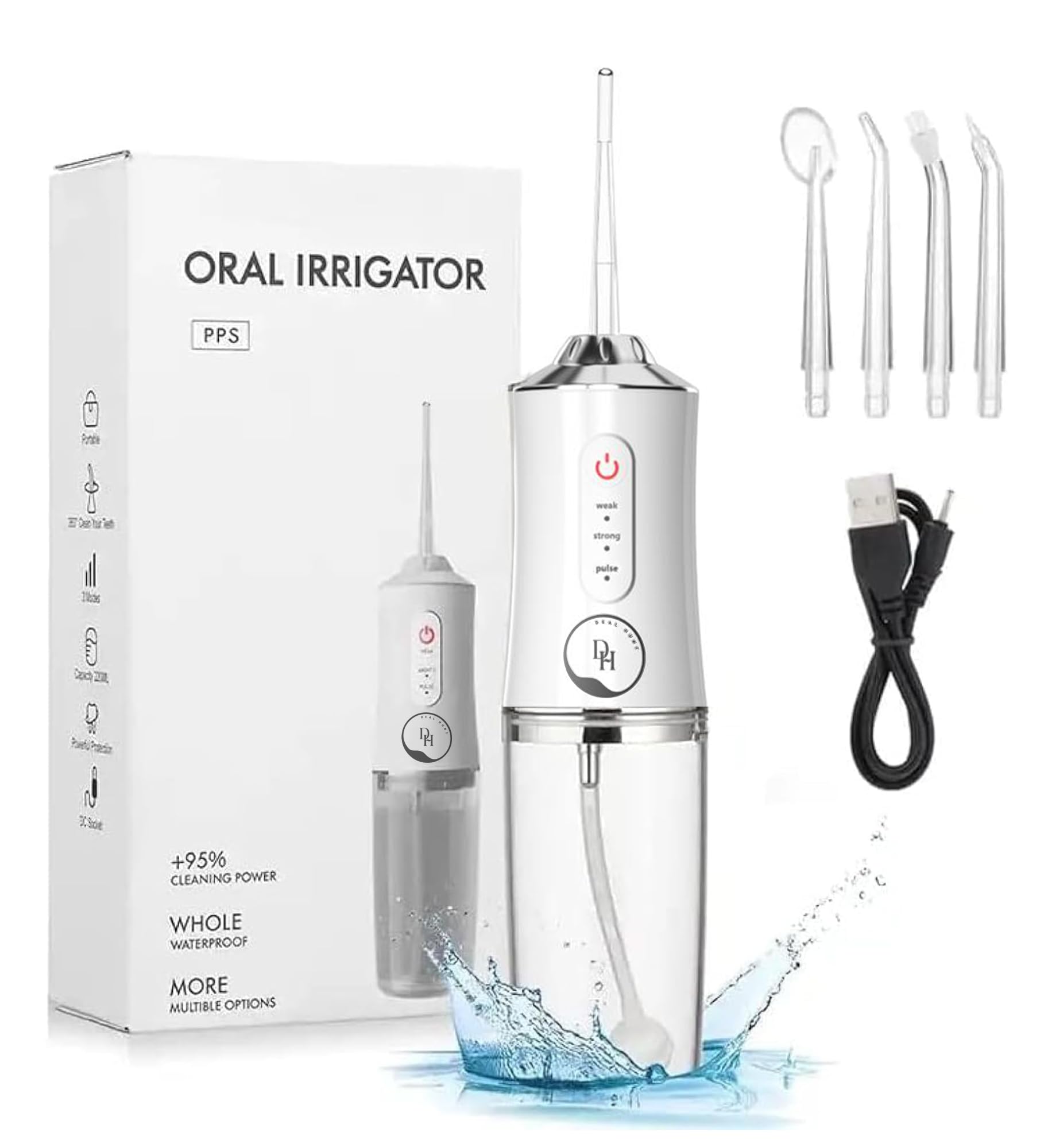 DEAL HUNT Cordless Water Flosser: 3 حالت DIY & 4 نازل، اره‌ای دندانی قابل حمل، مناسب برای بریس، آبفشان ضدآب IPX7، مخزن 220 میلی‌لیتر - آبفشان الکتریکی دندانی D. ابر سفید