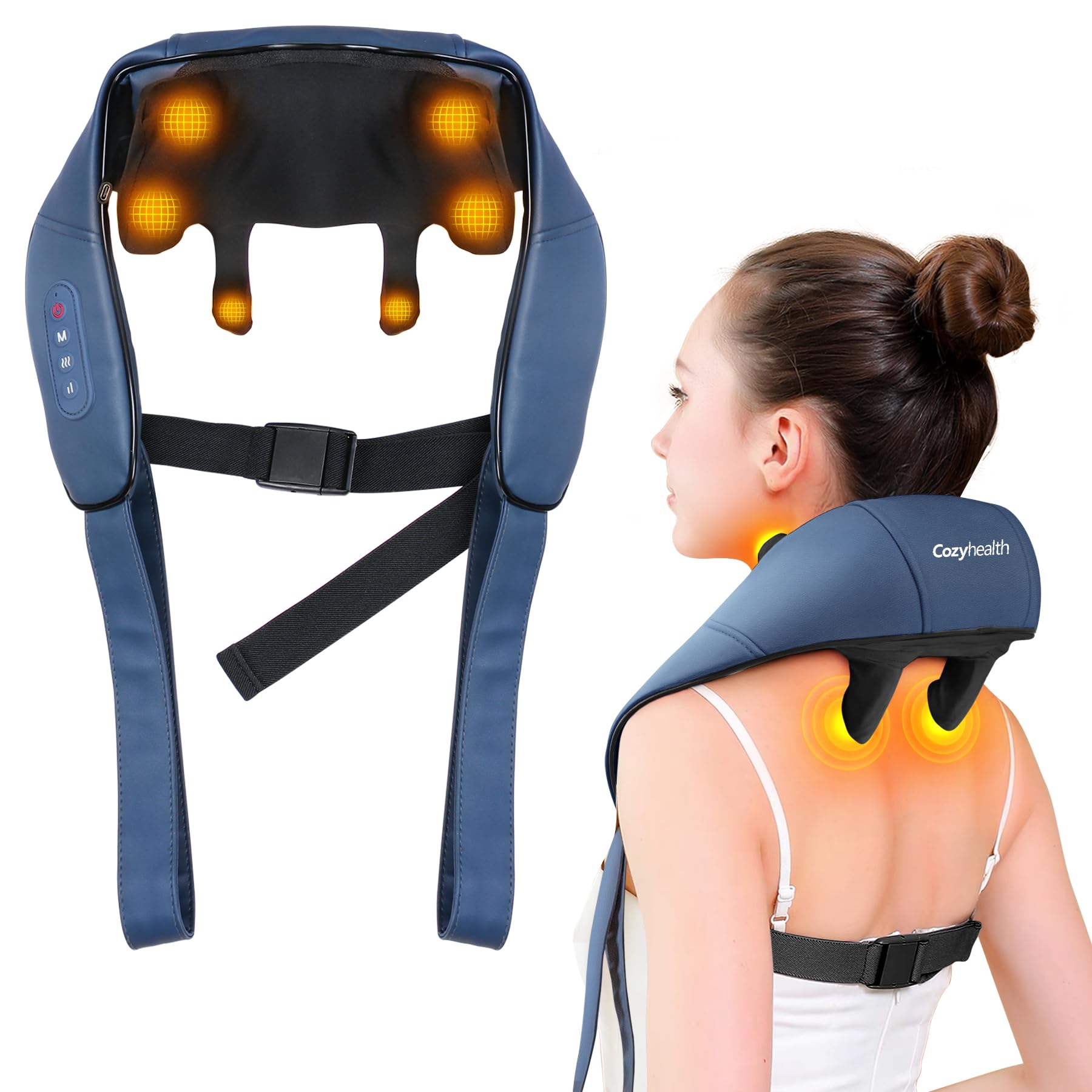 ماساژگر گردنی Cozyhealth برای گردن و شانه با حرارت، ماساژگر گردن و شانه Shiatsu با حرارت ماساژ خوراکی، ماساژر گردن برقی قابل حمل بی‌سیم برای کاهش درد بافت عمیق (آبی) A516