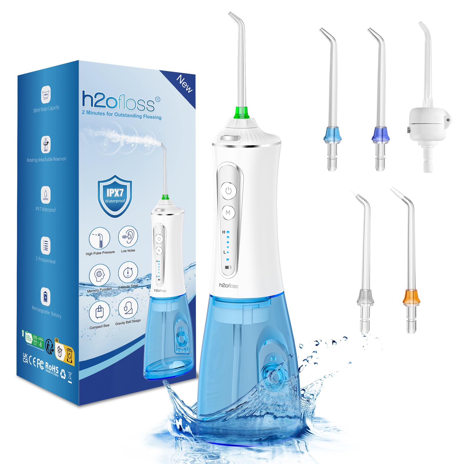 H2ofloss Water Dental Flosser for Teeth Cordless، 300ML Portable & IPX7 Waterproof Teeth Cleaner Picks، 5 Modes Rechargeable Oral Irrigator with Refilled Nozzle for Home/Travel Water Flosser