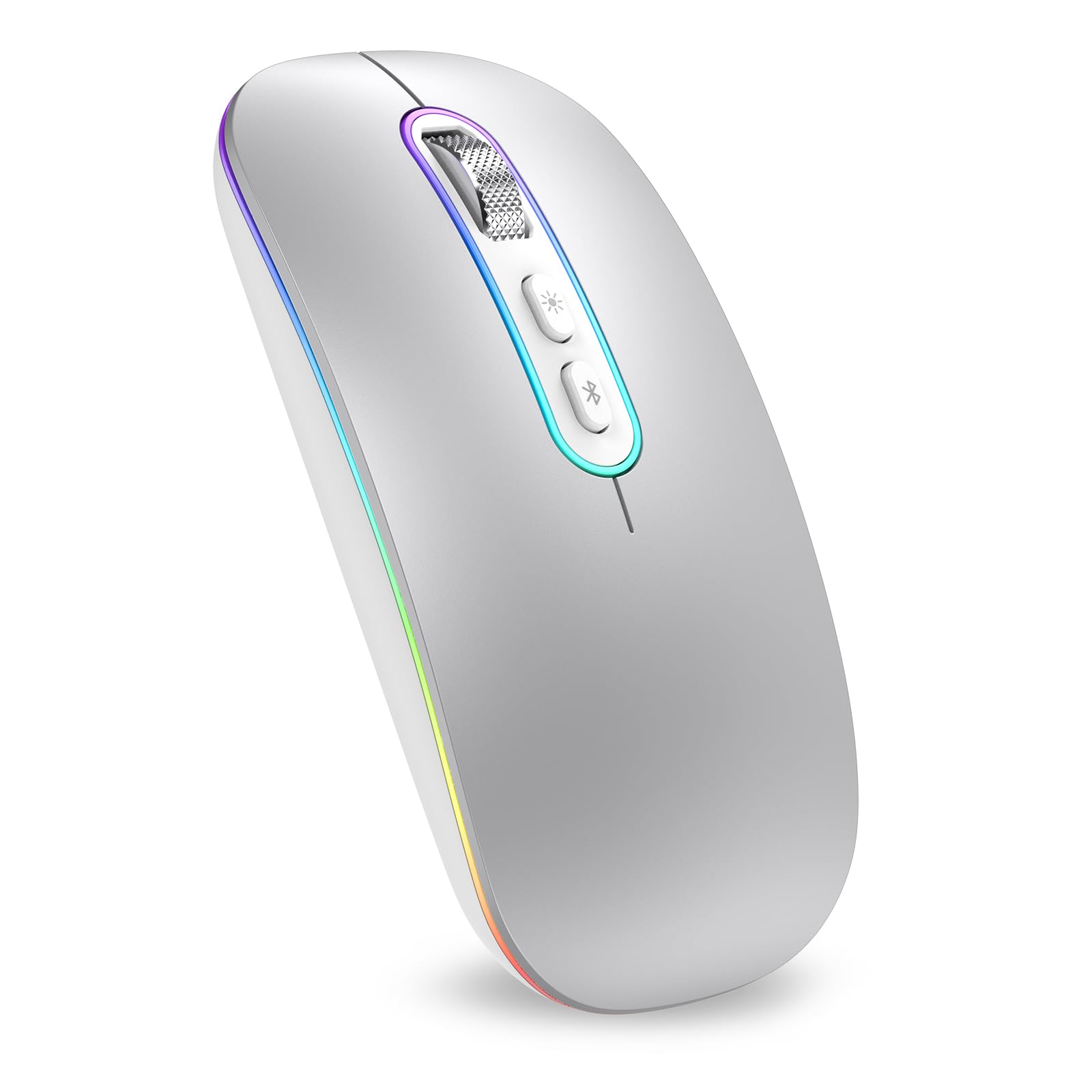 موس بی‌سیم دو حالته (بلوتوث 5.1+2.4G) سیمتک برای لپتاپ، با دقت 1200 DPI، سبک، قابل شارژ با نورهای LED، سازگار با سیستم‌عامل مک، ویندوز، کروم او‌اس - نقره‌ای