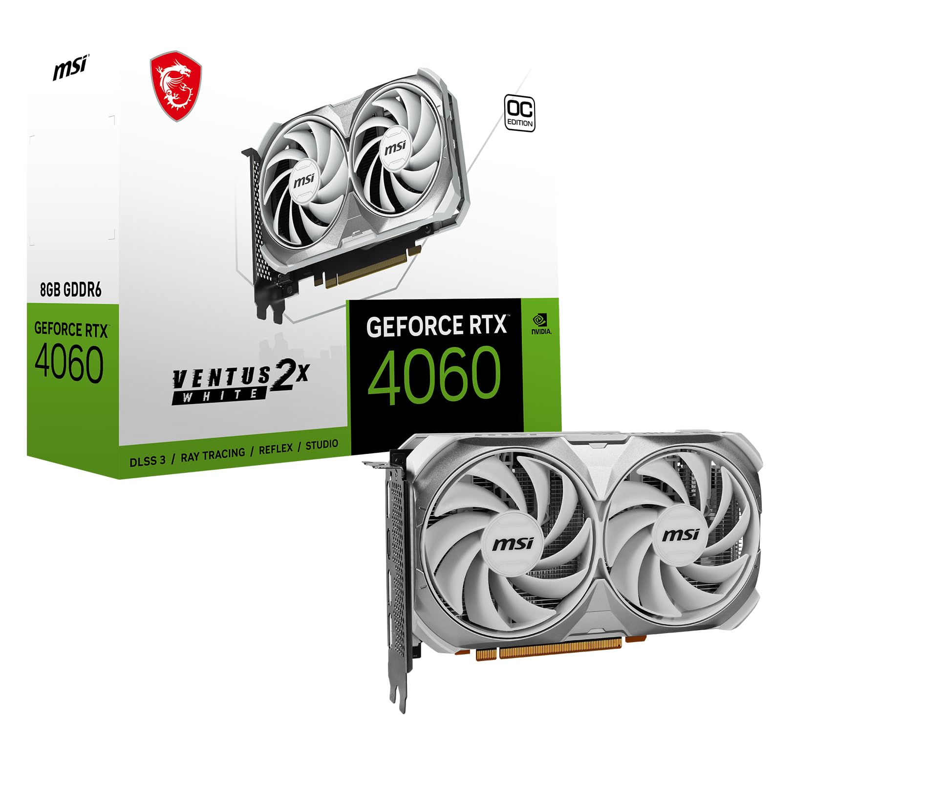 کارت گرافیک MSI GeForce RTX 4060 VENTUS 2X WHITE 8G OC: اکسپرس پی سی آی نسل 4 x 8، سرعت حافظه 17 Gbps، 8 گیگابایت GDDR6، 3x DisplayPort، 1x HDMI، رزولوشن حداکثر 7680 × 4320، دو عدد فن - سفید