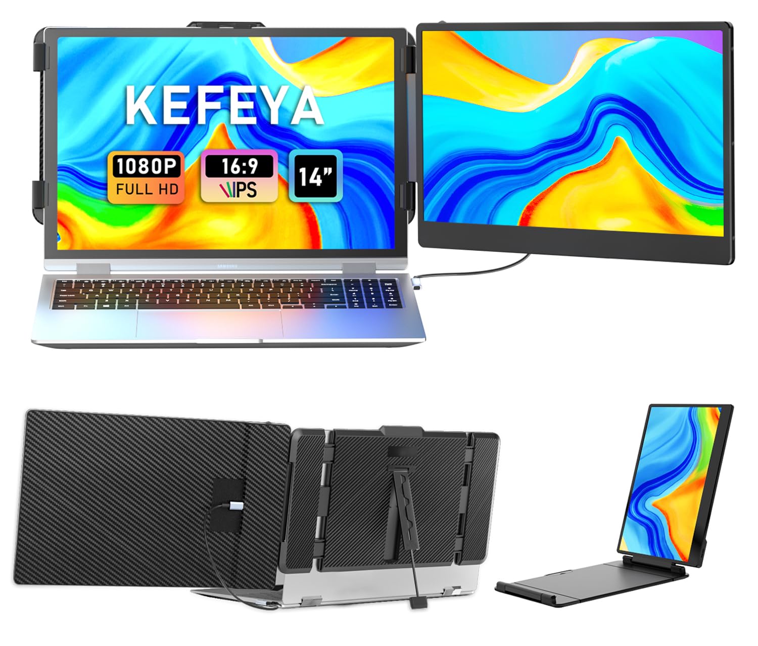 نمایشگر افزایش یافته لپ تاپ KEFEYA، 14 اینچ FHD 1080P IPS، دو نمایشگر لپ تاپ افزایش یافته، نمایشگر قابل حمل برای لپ تاپ‌های 13-17 اینچی با درگاه USB-C / HDMI، پلاگ اند پلی برای ویندوز / مک / اندروید / اسویچ / پی اس 5 14 اینچ دوگانه