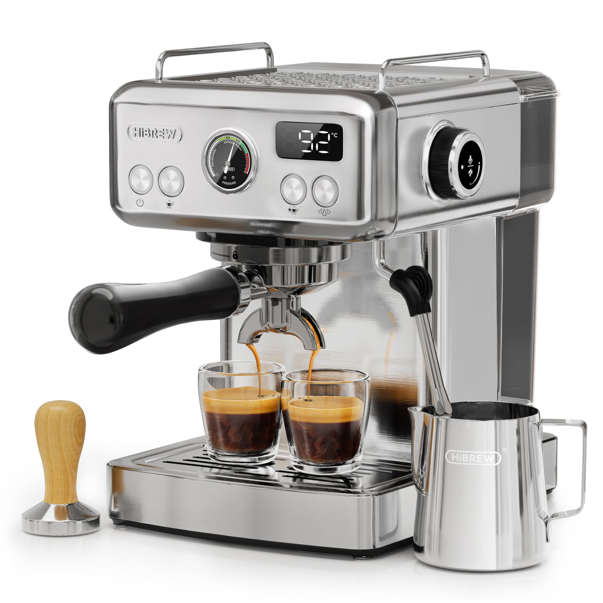 ماشین اسپرسو قابل برنامه‌ریزی HiBREW H10A، استیلن نقره‌ای مسحوق شده، دما و حجم فنجان قابل تنظیم، مخزن آب قابل جداشدن 1.8 لیتری، شیر برای باد کردن شیر (1000 وات) نقره‌ای مدرن