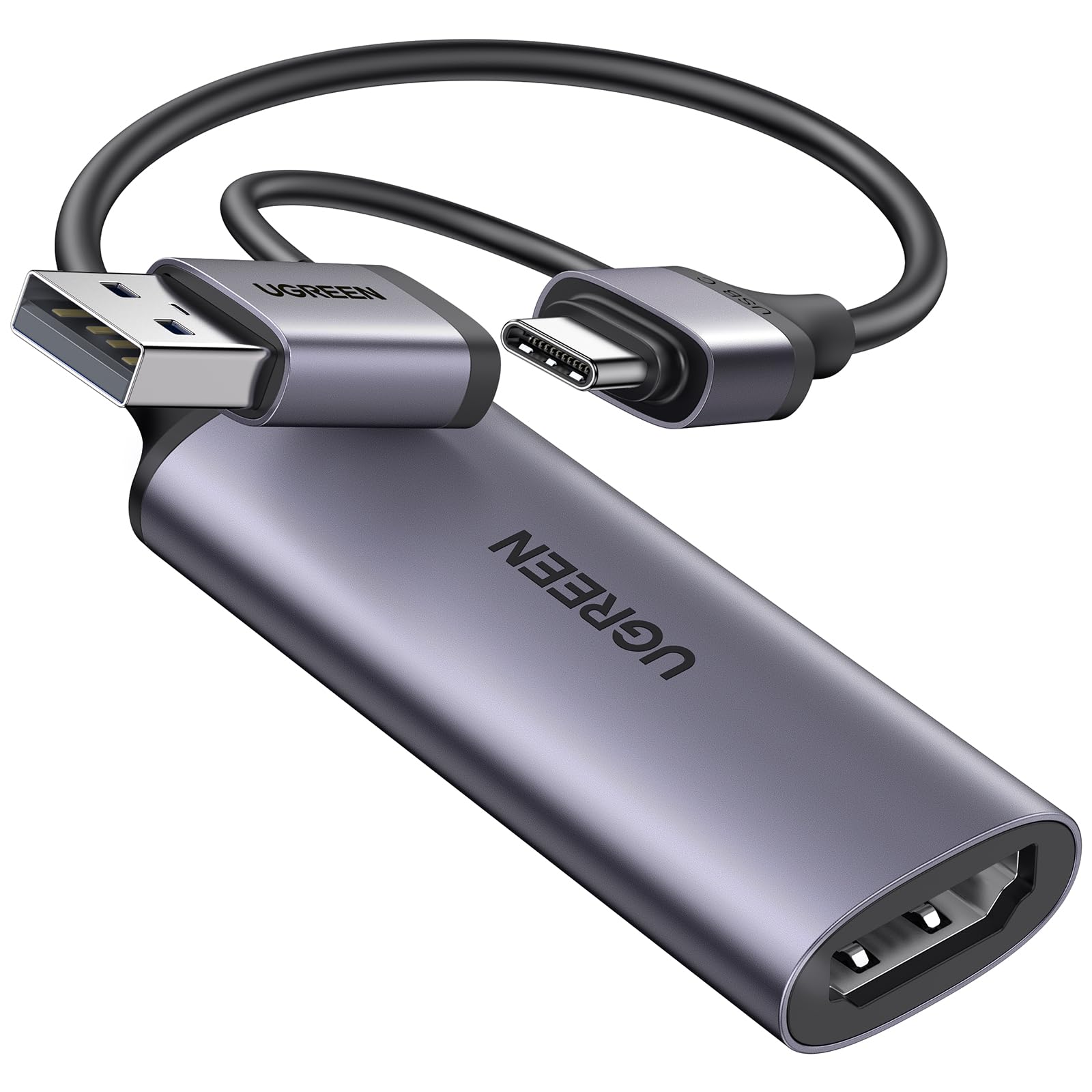 کارت تهیه ویدیو 4K UGREEN HDMI به USB A / USB C، کارت تهیه بازی برای پخش زنده، ورودی 4K و 1080P @ 60HZ، سازگار با آیفون ۱۷، PS5/PS4/XBOX/Switch، دوربین، لپتاپ، آیپد، تلفن همراه بدون خروجی حلقه