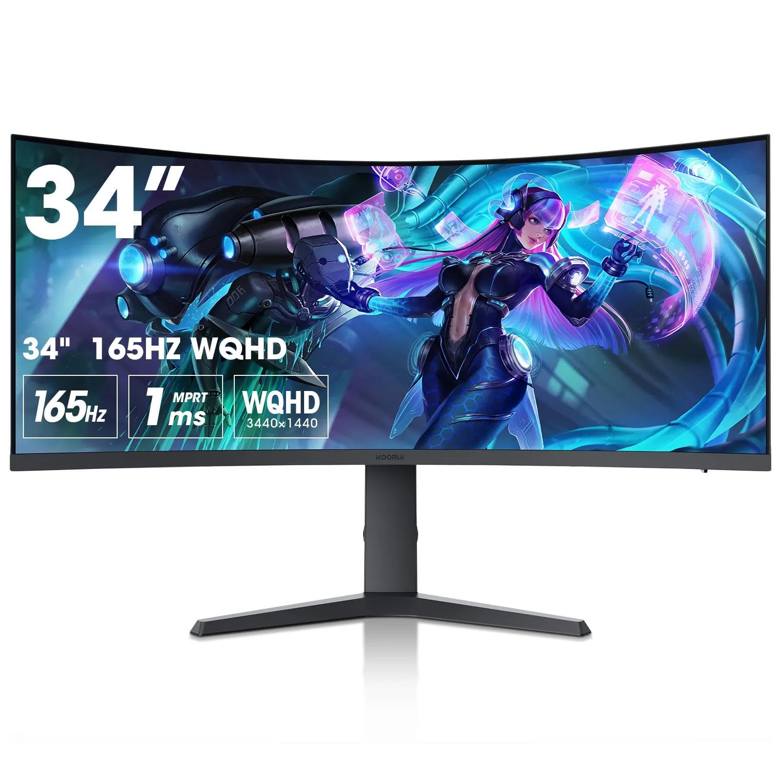 مانیتور گیمینگ منحنی KOORUI 21:9 WQHD با رزولوشن 3440 * 1440 و کیفیت 4K (HDR 400)، 34 اینچ، با سرعت تصویر 165 هرتز و زمان پاسخ‌دهی 1 میلی‌ثانیه (AMD FreeSync Premium Nvidia G-SYNC)، HDMI DP، 90% پوشش رنگ DCI-P3، منوی OSD، مناسب برای گیمرها و کامپیوتر‌های روکر، با کیفیت HDR 400.