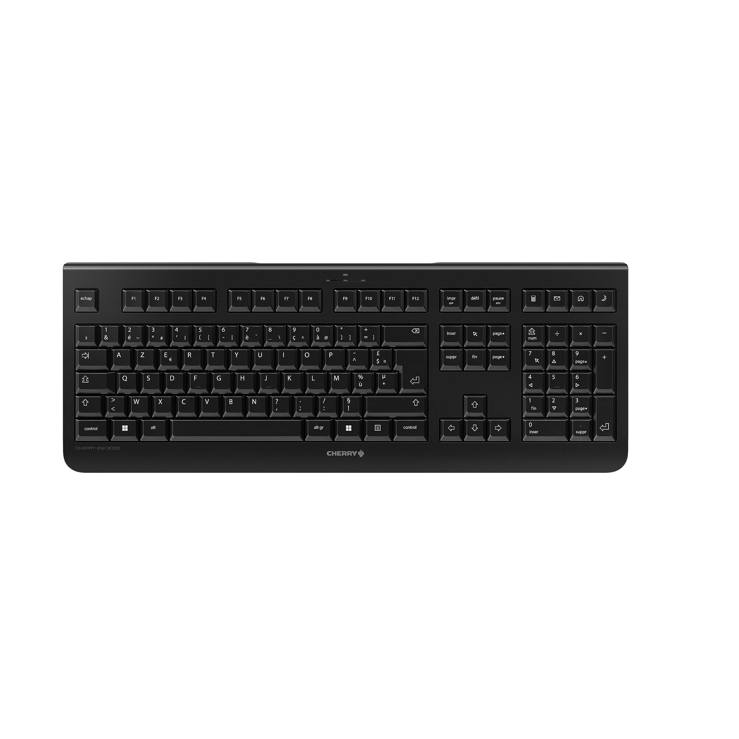 کیبورد بی‌سیم CHERRY KW 3000 با صفحه‌کلید عددی، طرح برای فرانسه (AZERTY)، بی‌سیم 2.4 گیگاهرتز، کلیدهای بی‌صدا، طراحی تخت، با قدرت باتری، رنگ مشکی پوشش سیاه برای فرانسه - AZERTY