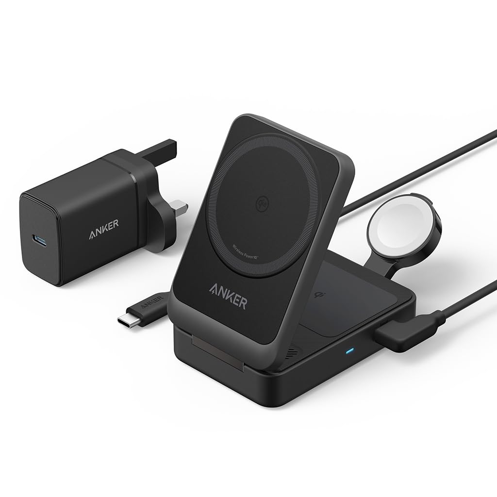 Anker MagSafe شارژر سازگار، ایستگاه شارژ بی‌سیم 3 در 1 MagGo، استند بی‌سیم 15 وات Qi2 تأیید شده، شارژر Apple Watch برای MagSafe، برای iPhone 16/15/14، AirPods (شارژر USB C 40 وات ارسالی) سیاه