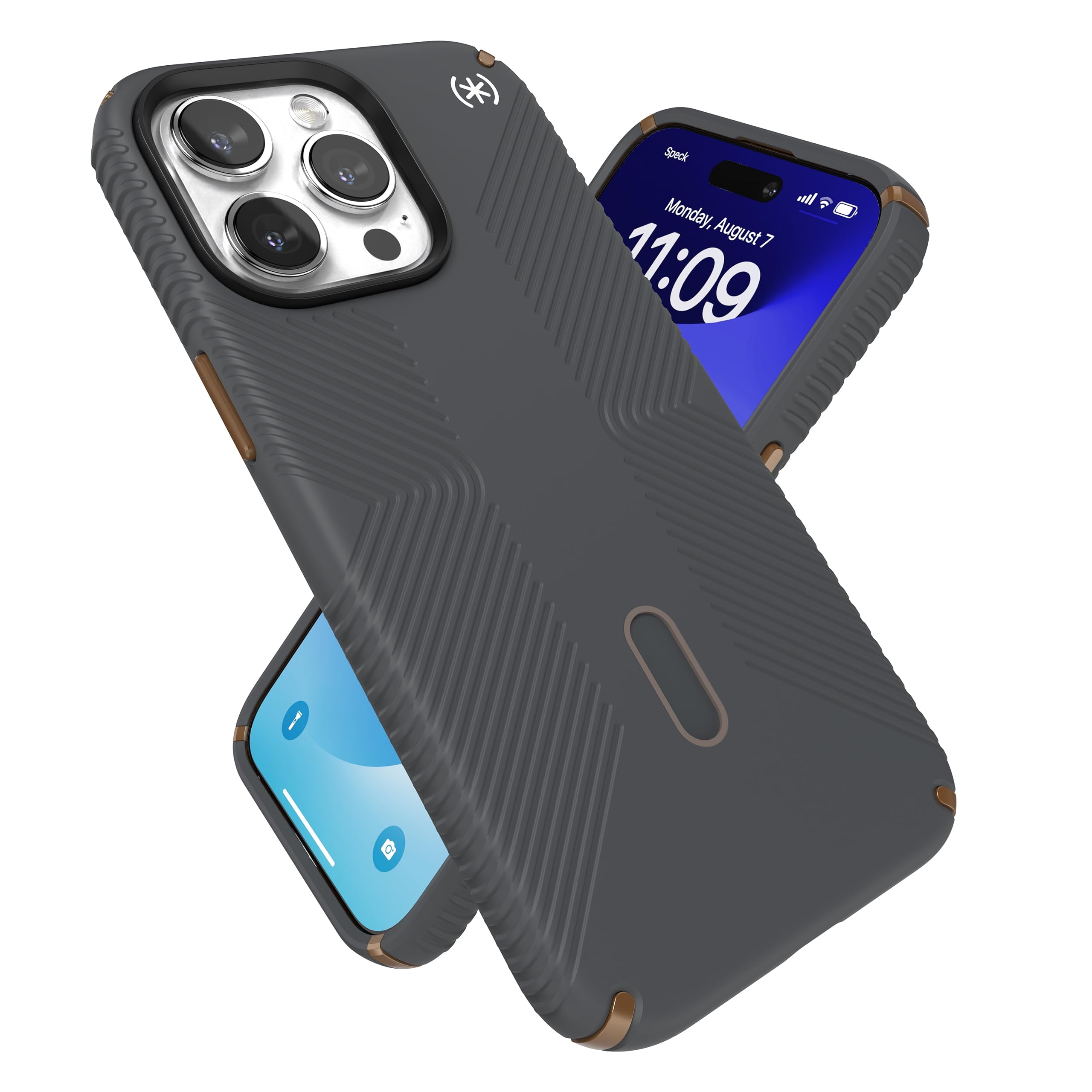 کاور Speck iPhone 15 Pro Max - قفل کلیک بدون لغزش، ساخته شده برای مگ‌سیف، محافظت در برابر سقوط با دستگاه چنگ زنی - کاور نرم لمسی 6.7 اینچی - مدل Presidio2 Grip رنگ خاکستری زغالی/برنز خنثی/سفید