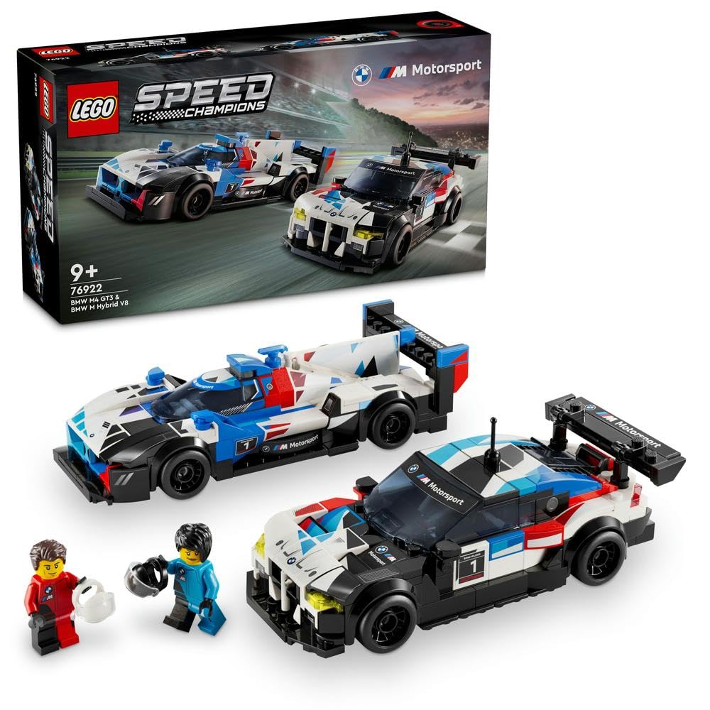 LEGO Speed Champions BMW M4 GT3 و BMW M Hybrid V8 ماشین‌های مسابقه برای پسران و دختران 9 سال به بالا، وسایل نمایشی مدل‌پذیر با دو عروسک راننده، تزیینات اتاق کودکان، ایده هدیه تولد 76922