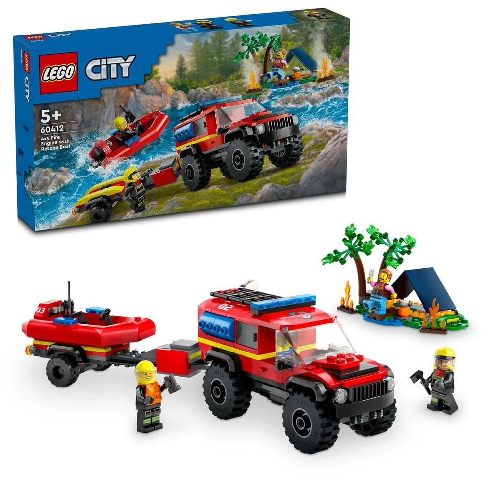 مجموعه بازی LEGO City 4x4 Fire Engine with Rescue Boat برای پسران و دختران بالای 5 سال، شامل قایق نجات، تریلر، چادر، کمپر و 2 عروسک آتش نشان، ایده‌ی هدیه شماره 60412 نسخه‌ی جدید