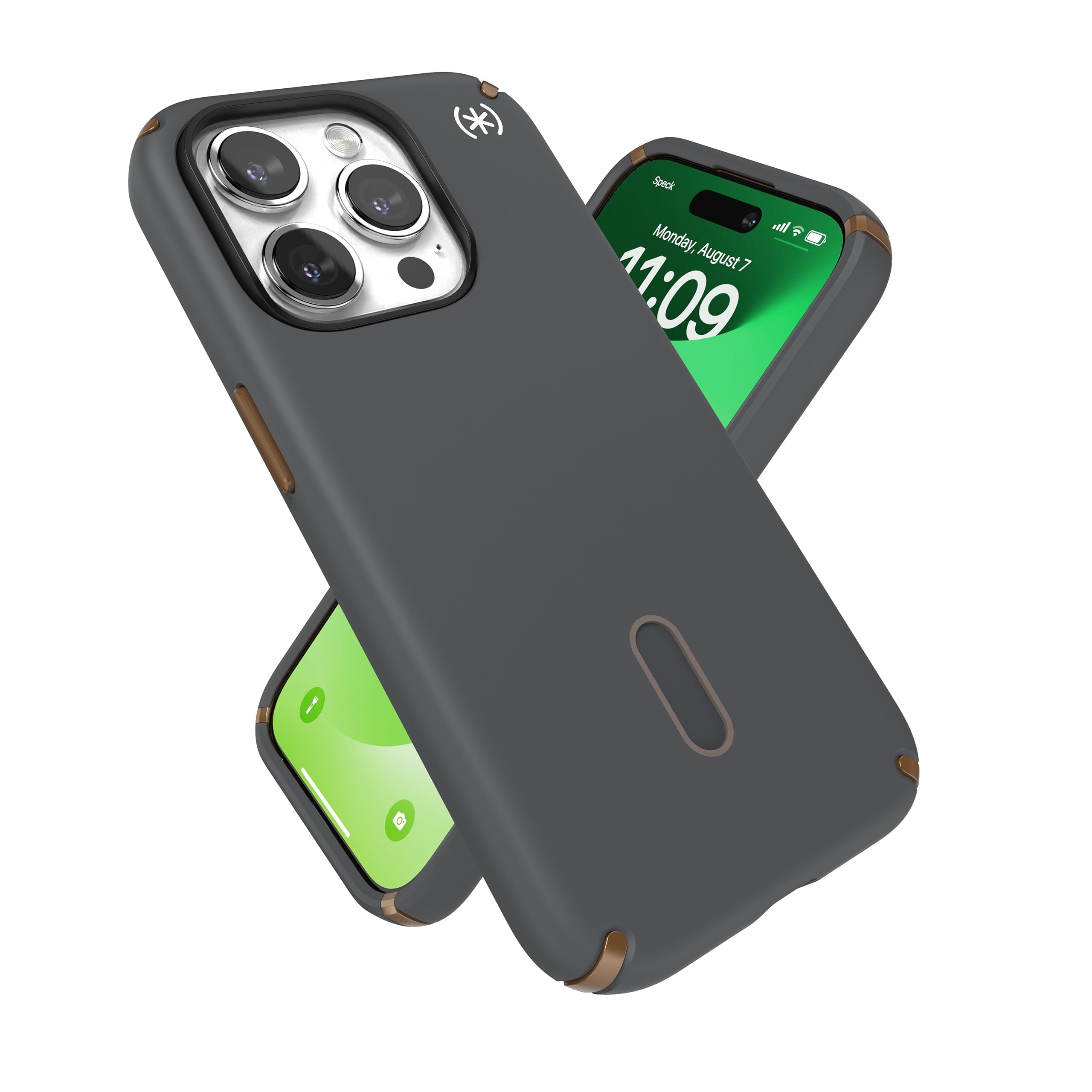 محافظ گوشی Speck iPhone 15 Pro - کیسه بدون لغزش ClickLock، مناسب MagSafe، مقاومت در برابر سقوط - مقاوم در برابر خش، لمس نرم، کیسه تلفن 6.1 اینچ - Presidio2 Pro سیاه زغالی/برنز خنک/سفید