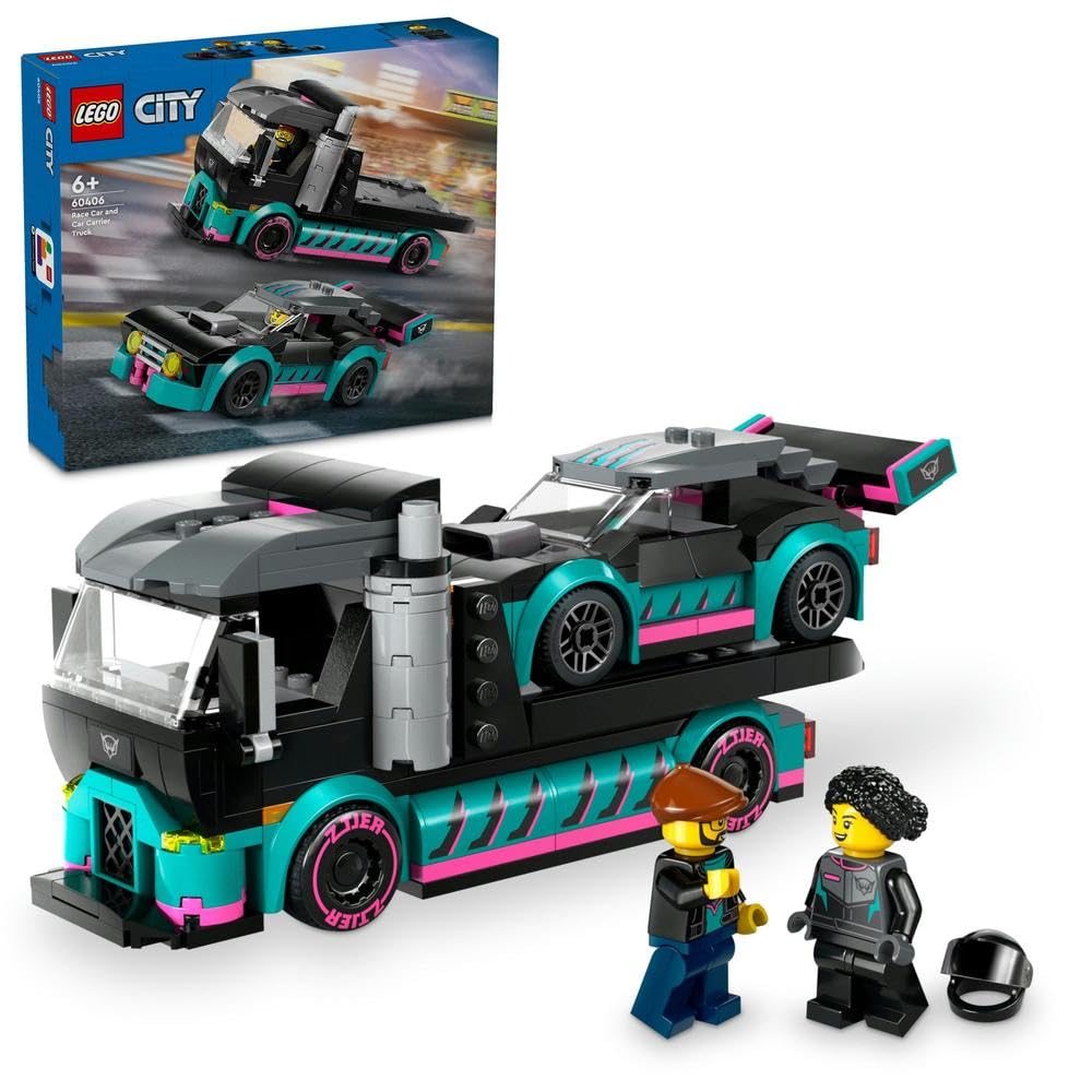 مجموعه ساخت انتقال دهنده وسیله‌ی نقلیه و اتومبیل مسابقه‌ای LEGO City برای پسران و دختران 6 سال و بالاتر با پرچم بارگذاری قابل تنظیم، مینی‌فیگورهای مسابقه‌ای و راننده، هدیه‌ی جذاب برای کودکان 60406