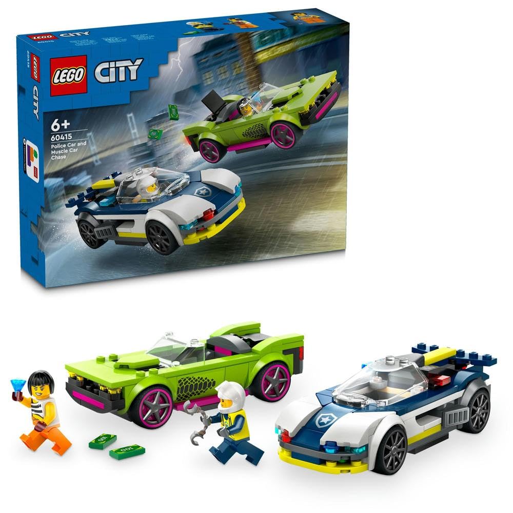 LEGO City Police Car and Muscle Car Chase، اسباب بازی وسایل نقلیه برای پسران و دختران 6 سال به بالا، هدیه جالب برای بچه ها که از بازیهای تخیلی خوششون میاد، شامل افسر و دزد مینی فیگور 60415